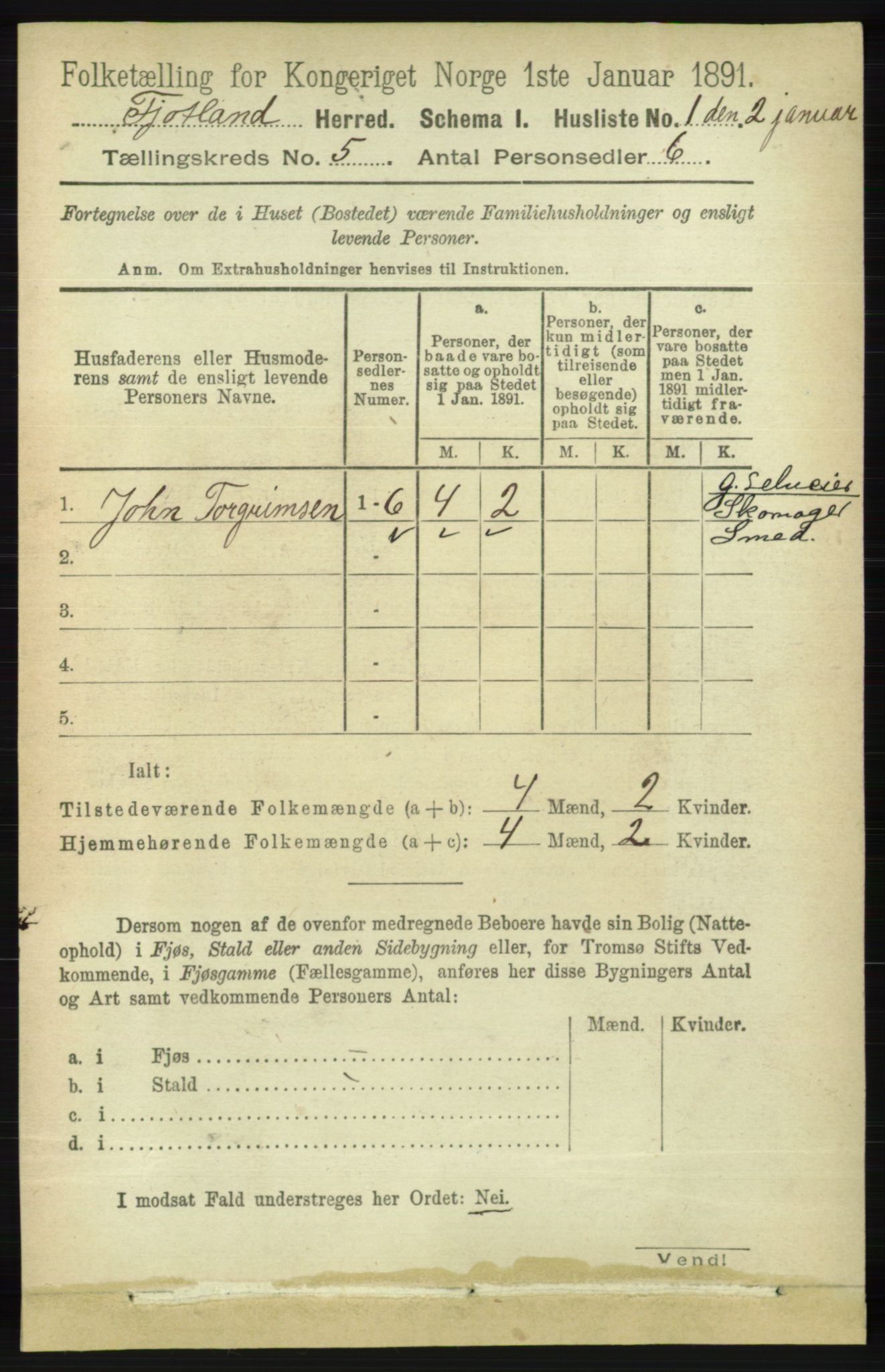 RA, 1891 census for 1036 Fjotland, 1891, p. 699