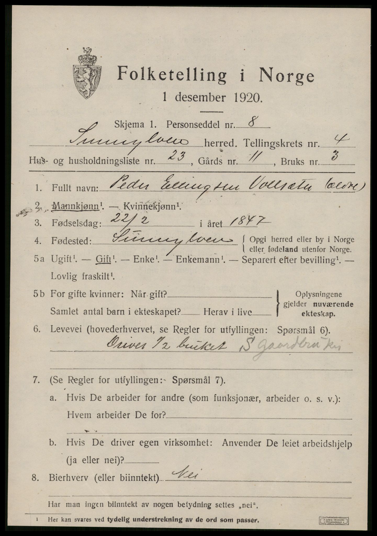 SAT, 1920 census for Sunnylven, 1920, p. 2154