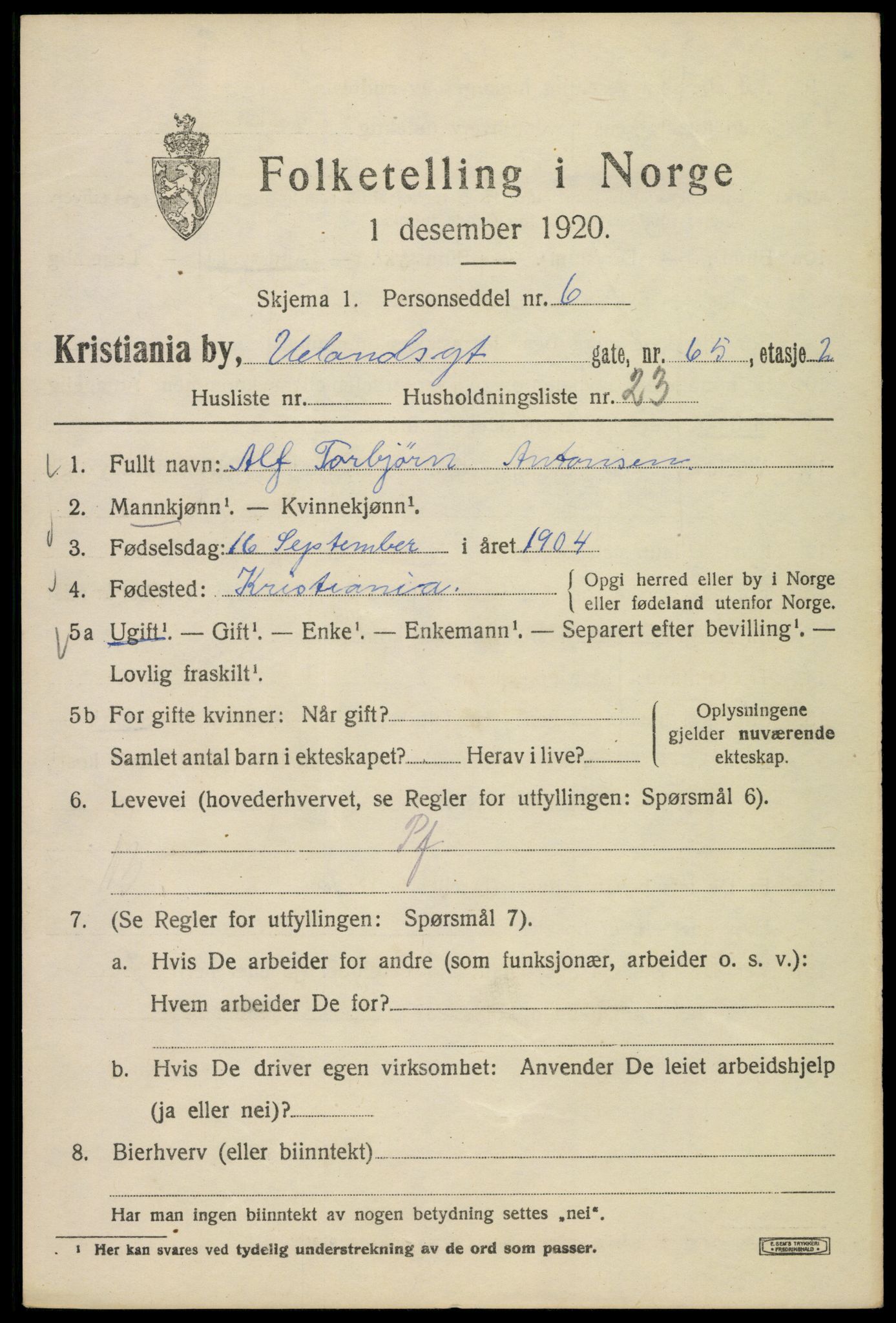 SAO, 1920 census for Kristiania, 1920, p. 611923