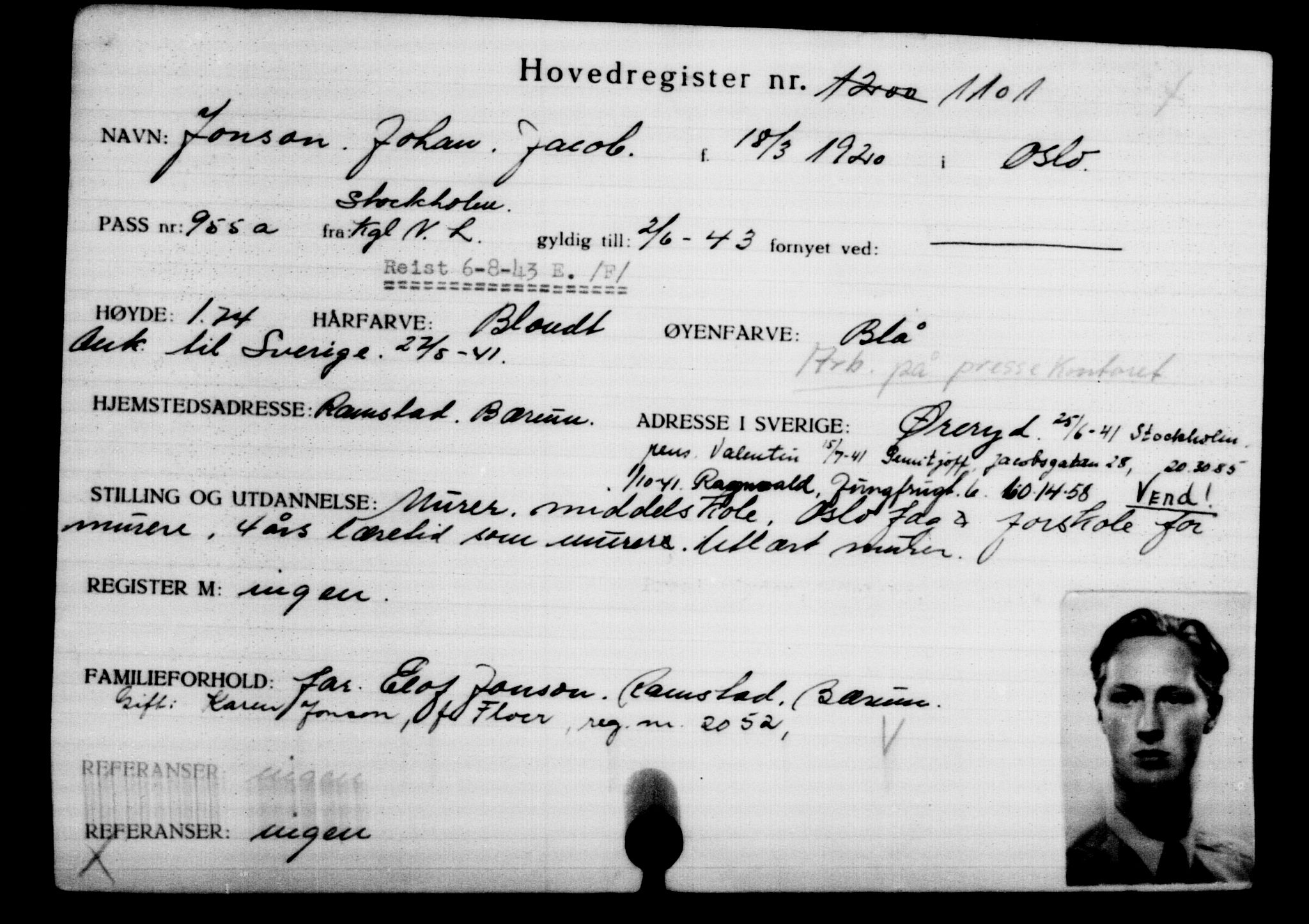 Utenriksstasjonene, Legasjonen i Stockholm, Flyktningkontoret, AV/RA-S-6753/V/Va/L0002: Kjesäterkartoteket, flyktninger med registreringsnr. 1001-2000, 1940-1945, p. 166