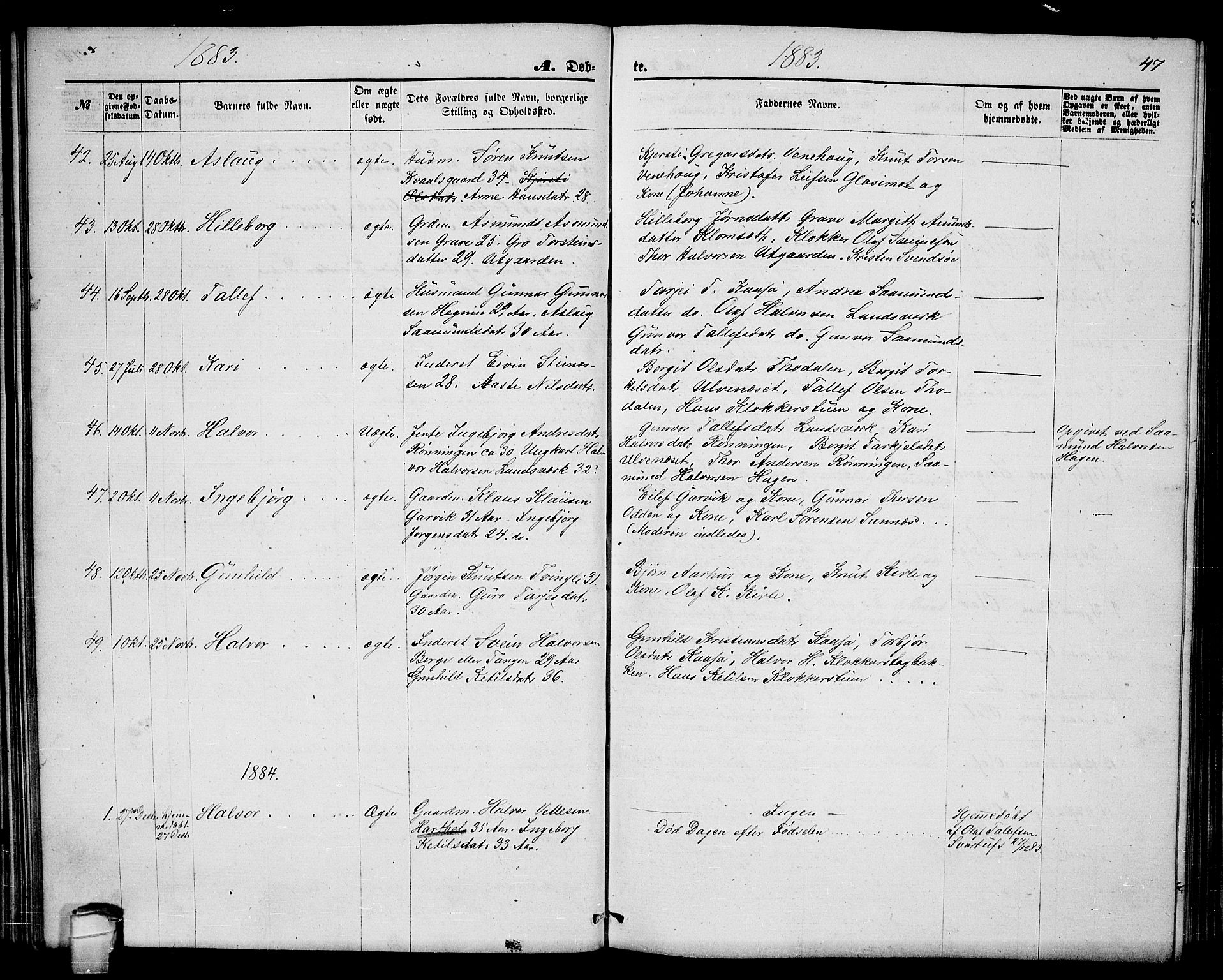 Seljord kirkebøker, SAKO/A-20/G/Ga/L0004: Parish register (copy) no. I 4, 1873-1886, p. 47