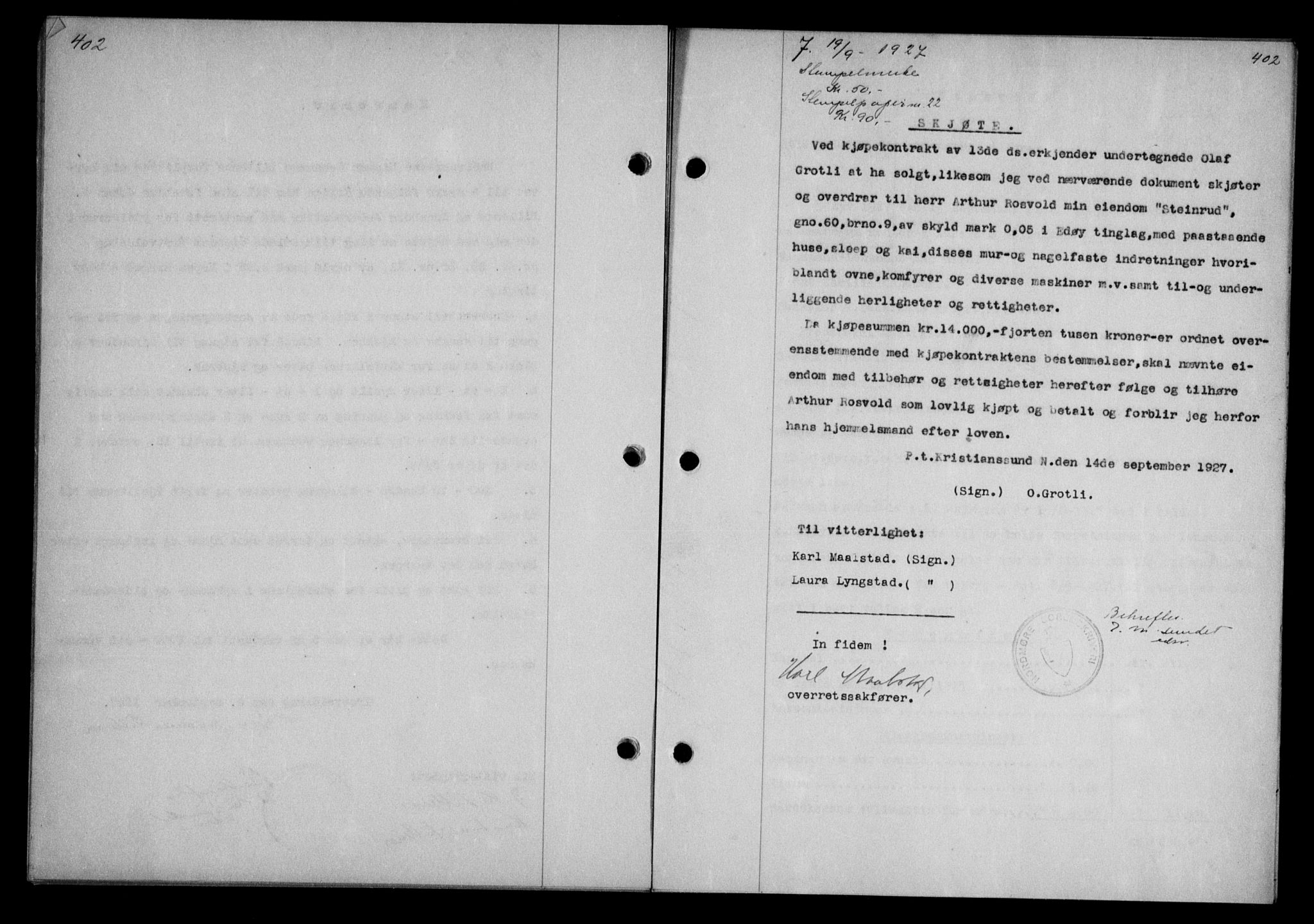 Nordmøre sorenskriveri, AV/SAT-A-4132/1/2/2Ca/L0062: Mortgage book no. 52, 1927-1927, Deed date: 19.09.1927