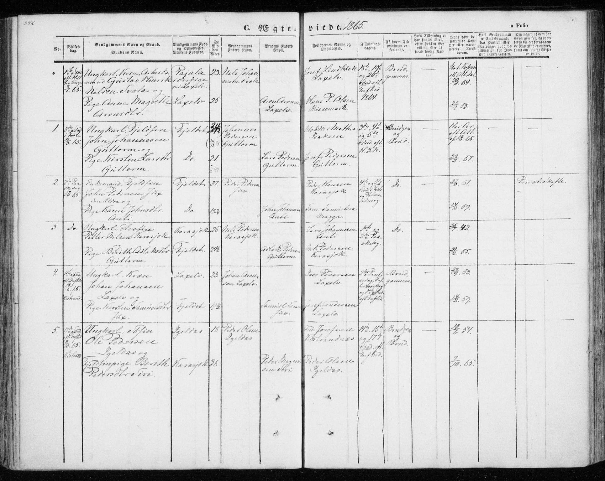 Kistrand/Porsanger sokneprestembete, AV/SATØ-S-1351/H/Ha/L0012.kirke: Parish register (official) no. 12, 1843-1871, p. 342-343