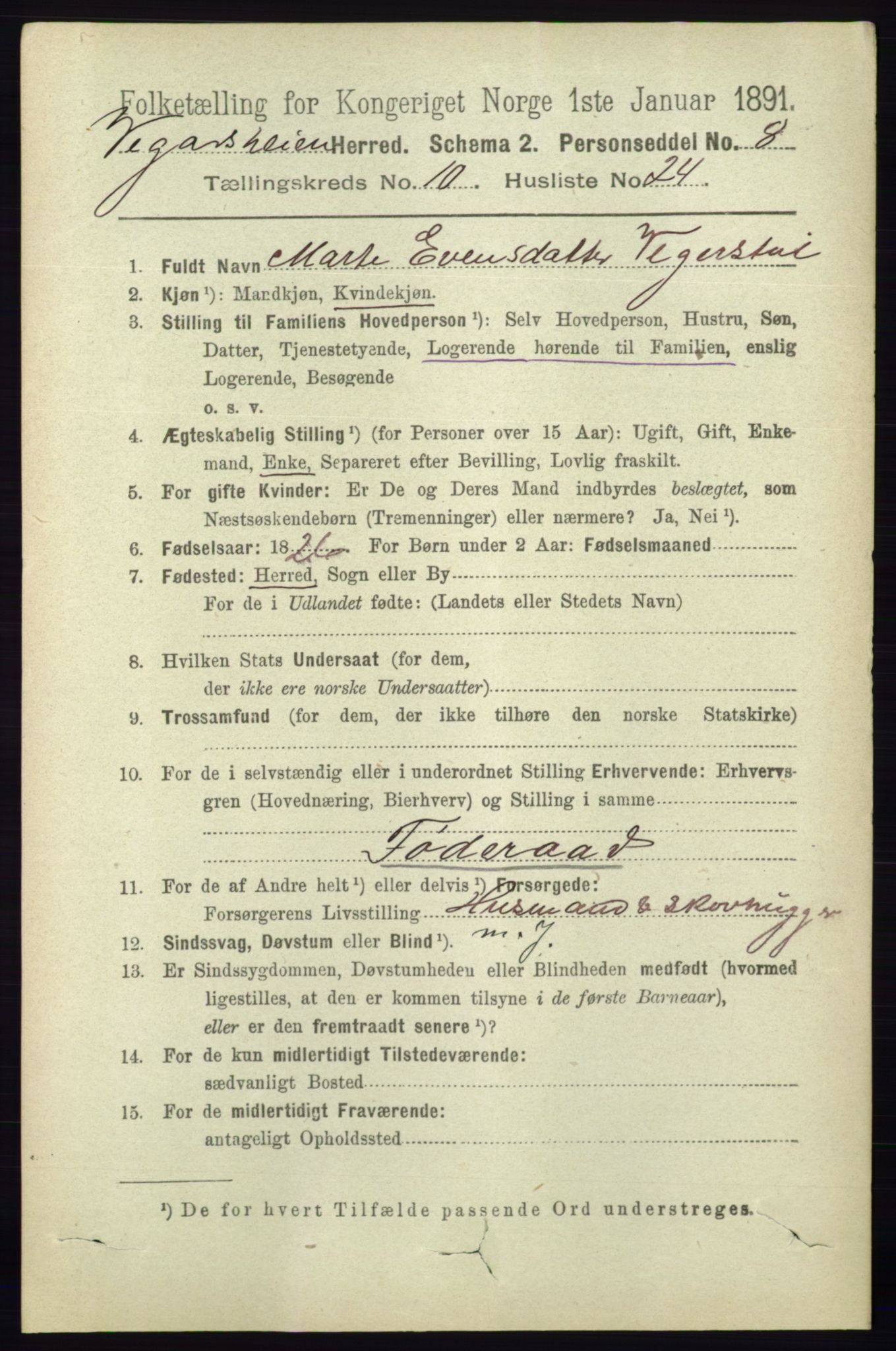 RA, 1891 census for 0912 Vegårshei, 1891, p. 2150
