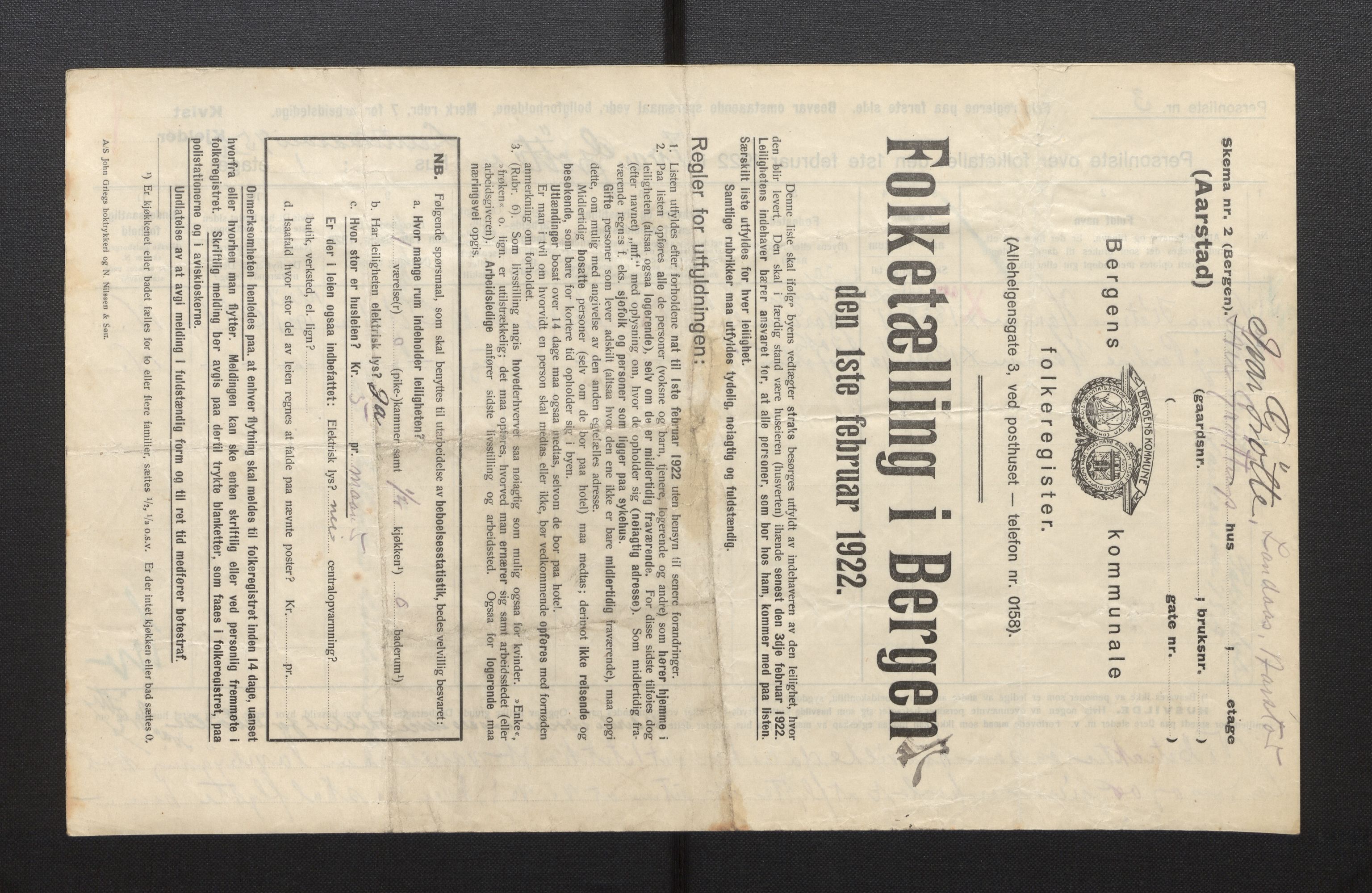 SAB, Municipal Census 1922 for Bergen, 1922, p. 55273