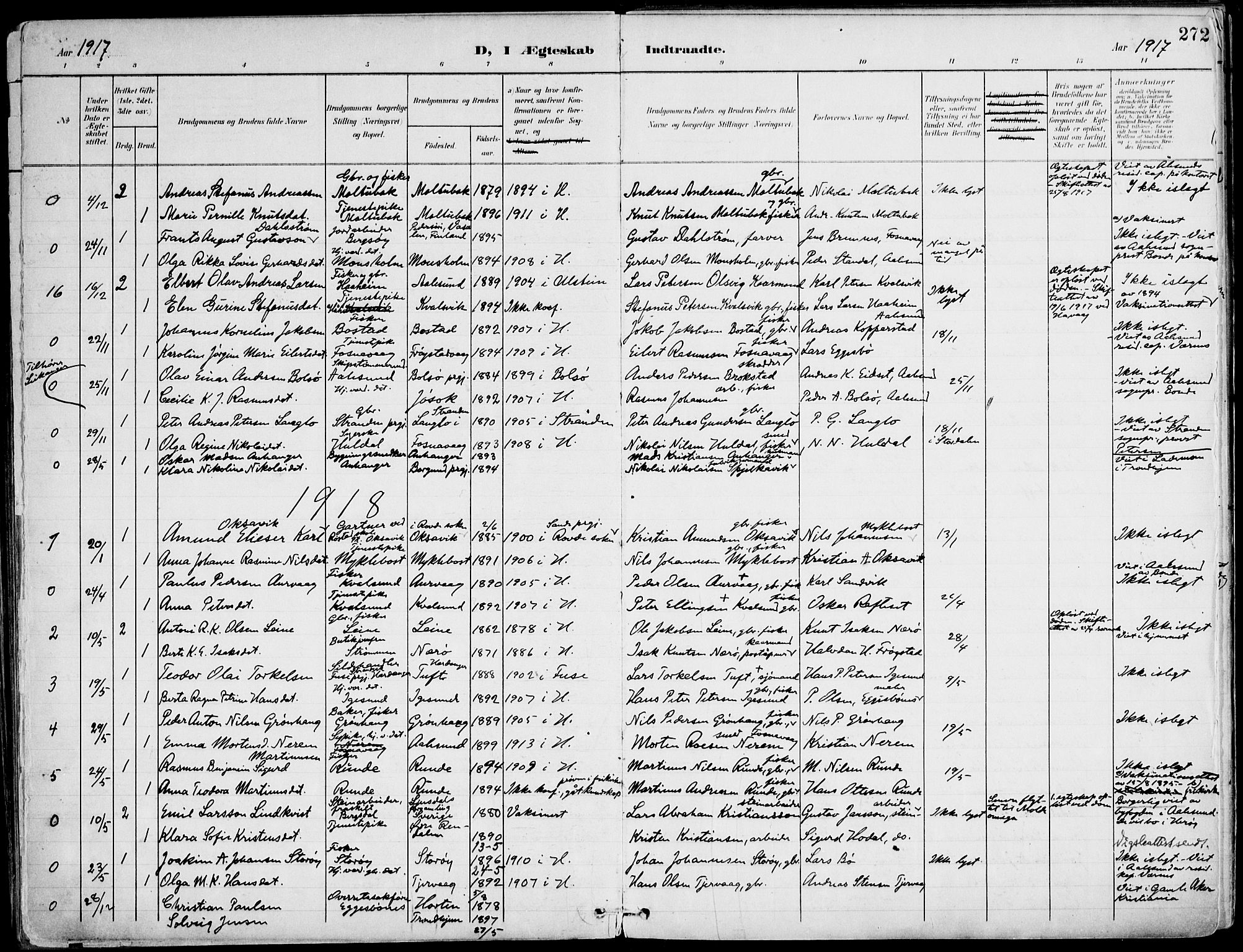Ministerialprotokoller, klokkerbøker og fødselsregistre - Møre og Romsdal, SAT/A-1454/507/L0075: Parish register (official) no. 507A10, 1901-1920, p. 272