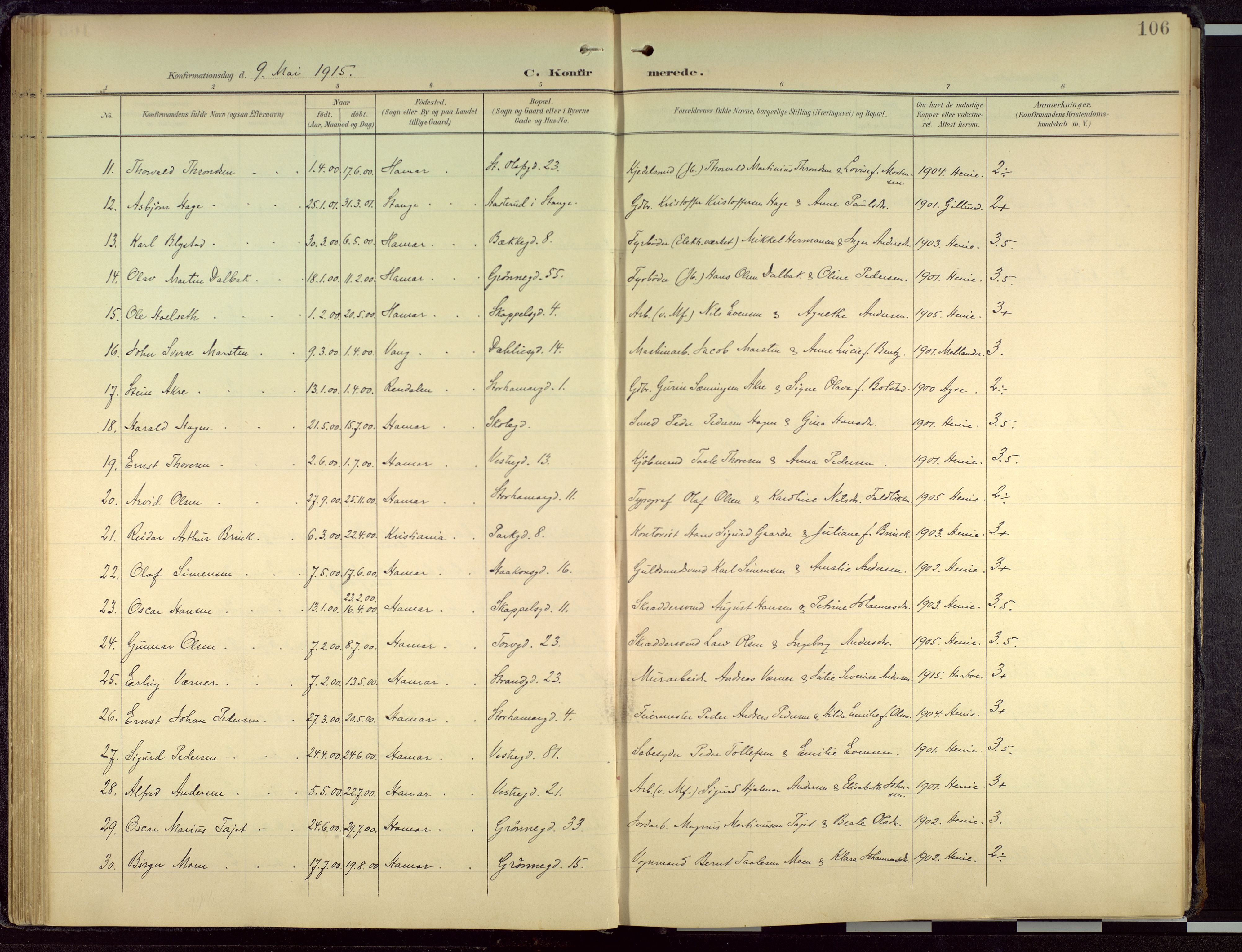 Hamar prestekontor, AV/SAH-DOMPH-002/H/Ha/Haa/L0004: Parish register (official) no. 4, 1899-1973, p. 106