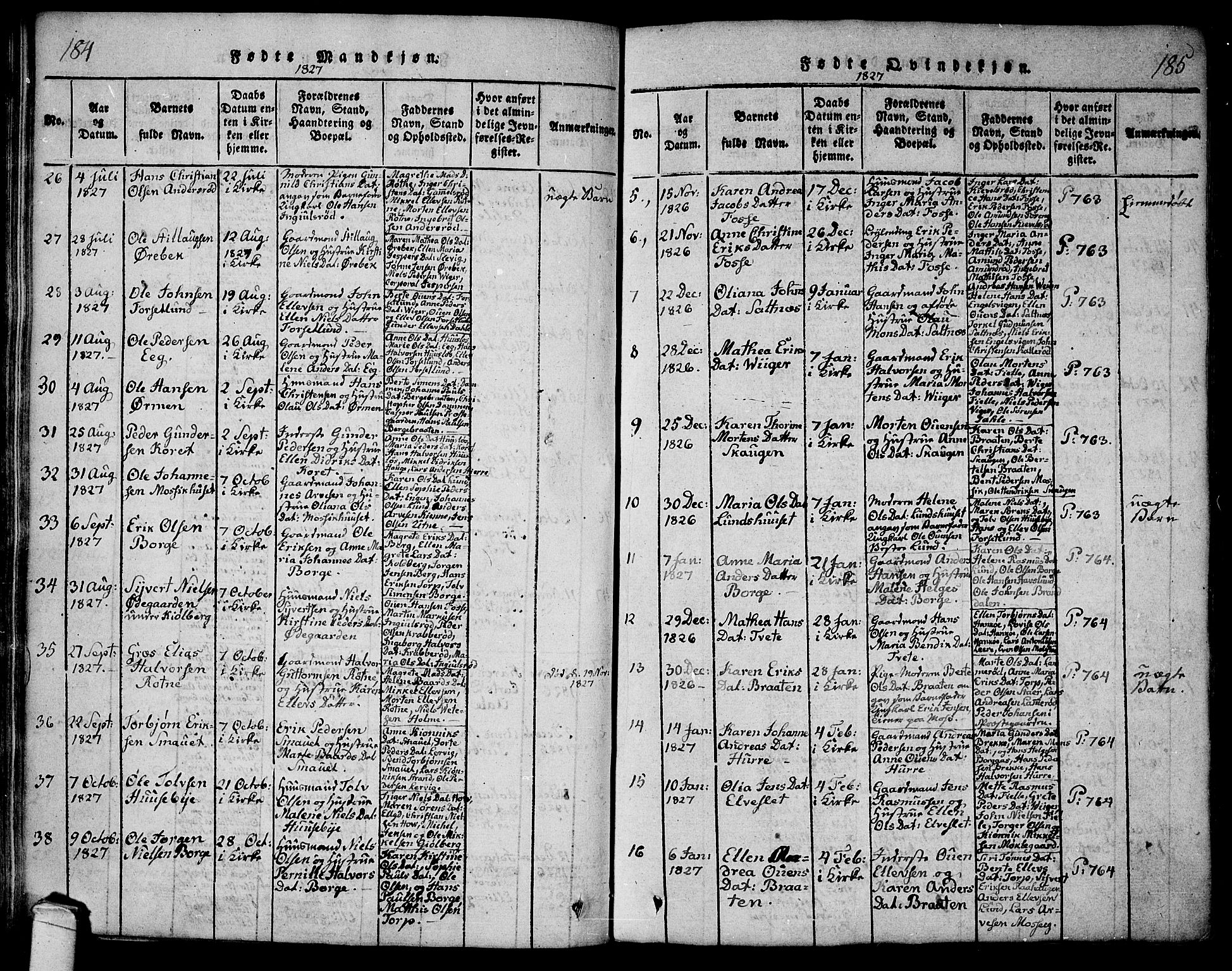 Onsøy prestekontor Kirkebøker, SAO/A-10914/F/Fa/L0002: Parish register (official) no. I 2, 1814-1840, p. 184-185