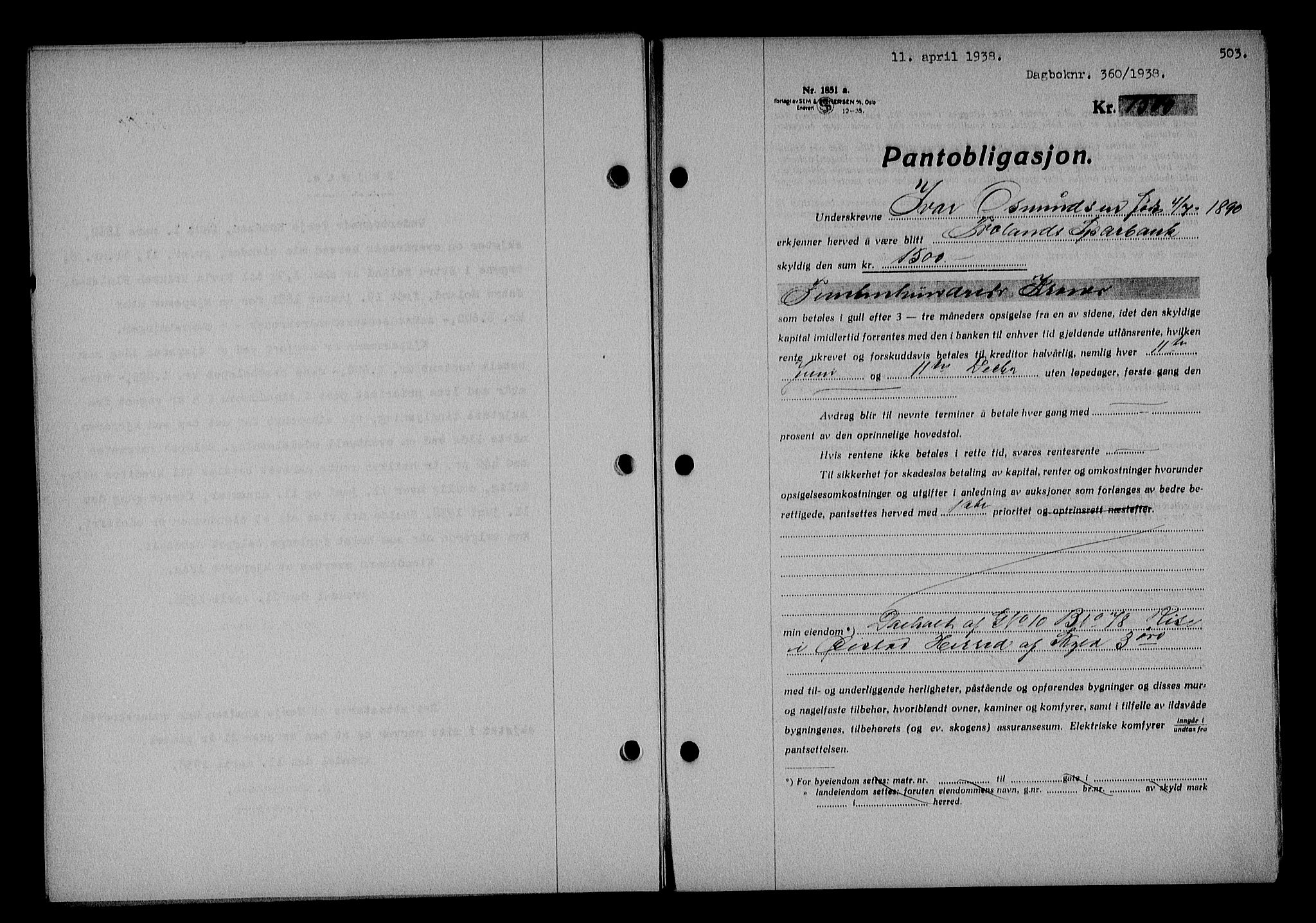 Nedenes sorenskriveri, AV/SAK-1221-0006/G/Gb/Gba/L0044: Mortgage book no. 40, 1937-1938, Diary no: : 360/1938