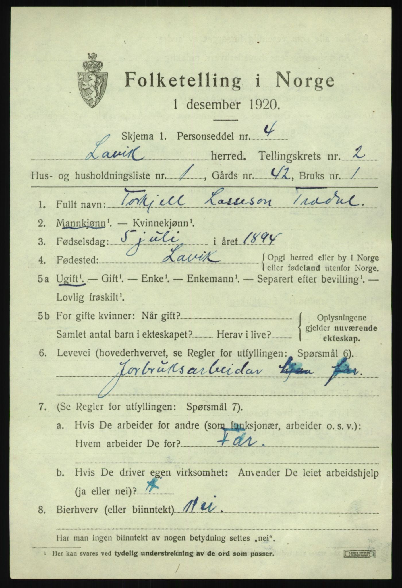 SAB, 1920 census for Lavik, 1920, p. 478