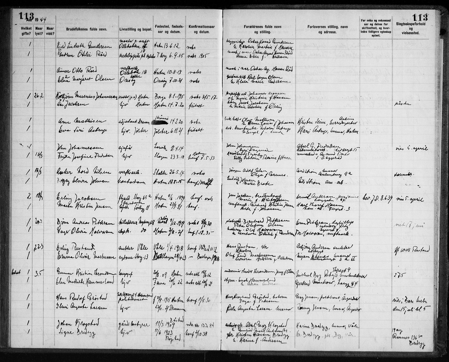 Horten kirkebøker, AV/SAKO-A-348/H/Ha/L0007: Banns register no. 7, 1934-1947, p. 113