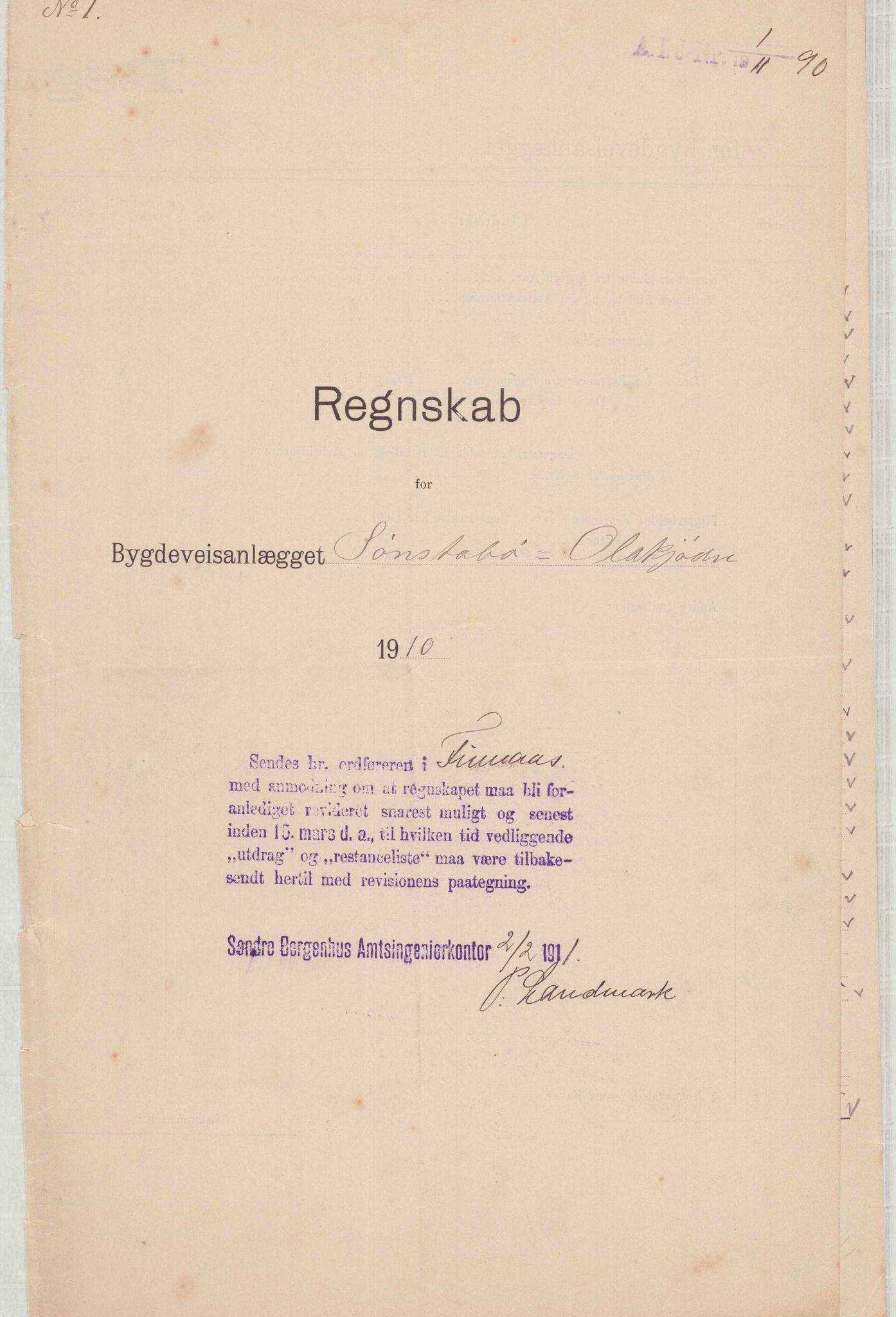 Finnaas kommune. Formannskapet, IKAH/1218a-021/E/Ea/L0001/0006: Rekneskap for veganlegg / Rekneskap for veganlegget Sønstabø - Olakjødn, 1909-1914, p. 12