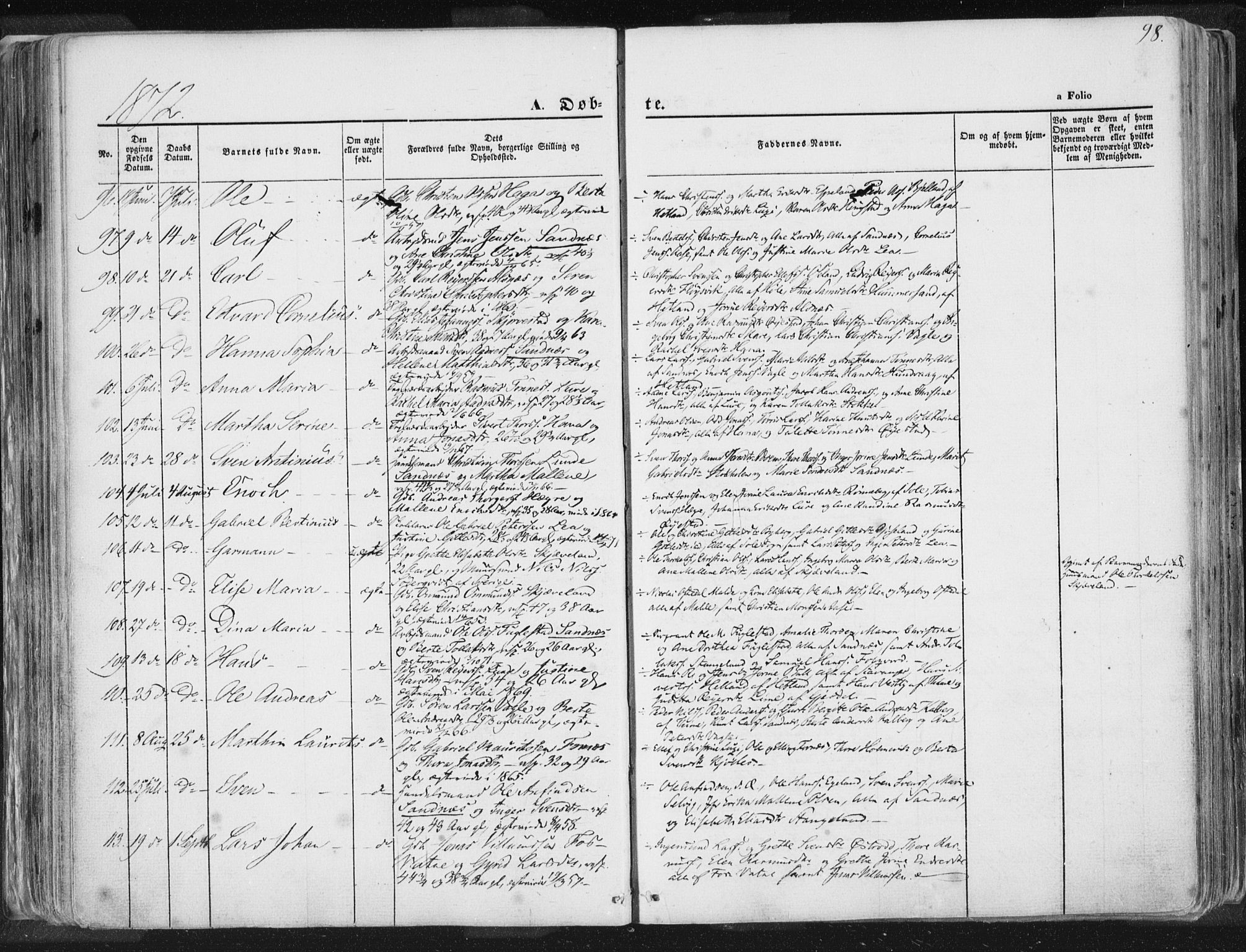 Høyland sokneprestkontor, AV/SAST-A-101799/001/30BA/L0010: Parish register (official) no. A 9.1, 1857-1877, p. 98