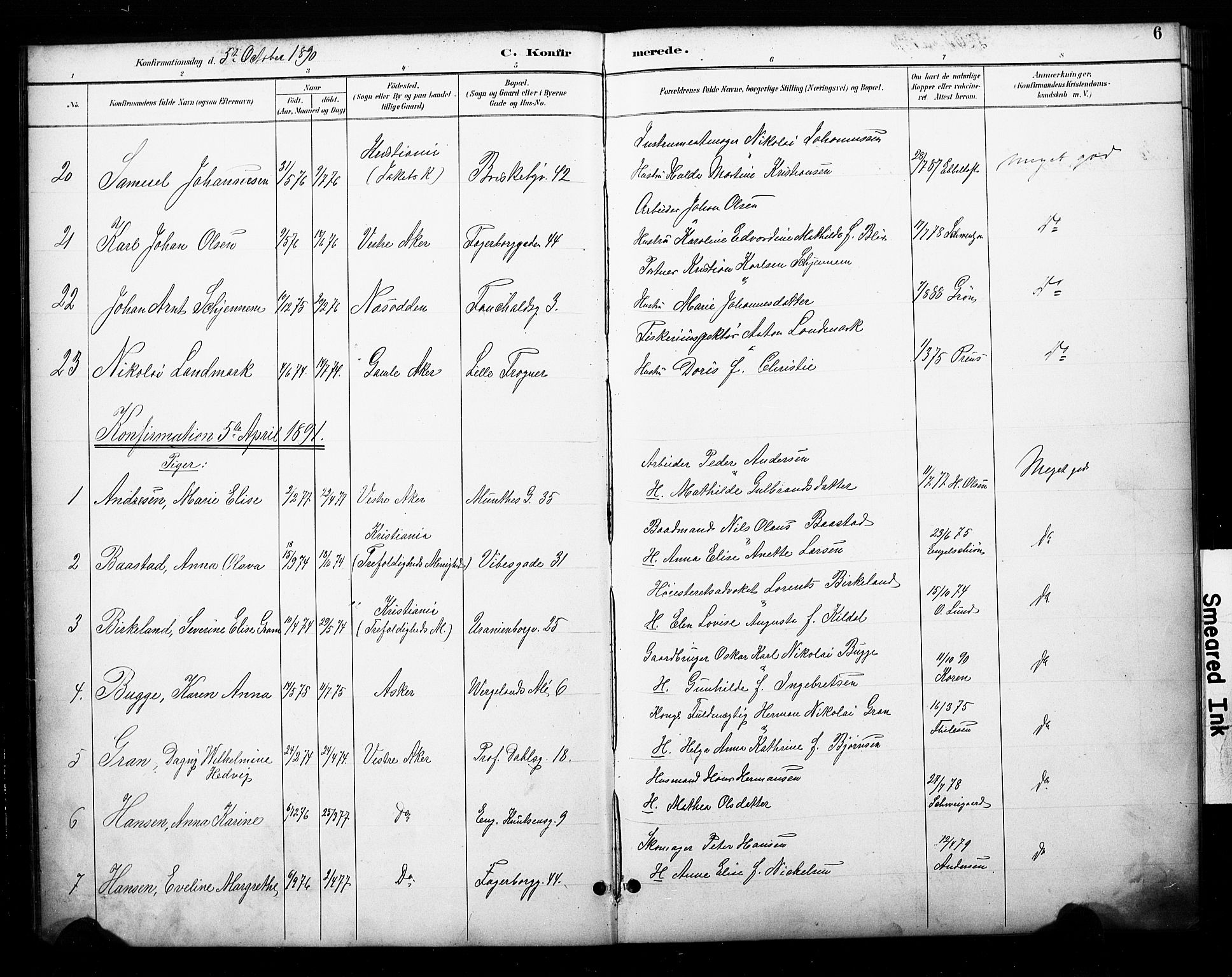 Uranienborg prestekontor Kirkebøker, SAO/A-10877/F/Fa/L0003: Parish register (official) no. 3, 1890-1904, p. 6