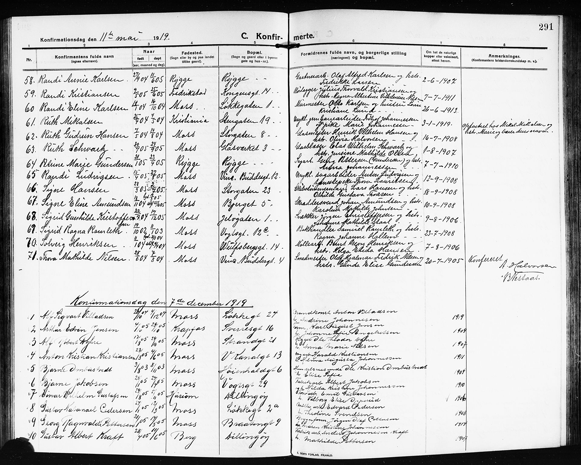 Moss prestekontor Kirkebøker, AV/SAO-A-2003/G/Ga/L0008: Parish register (copy) no. I 8, 1913-1923, p. 291
