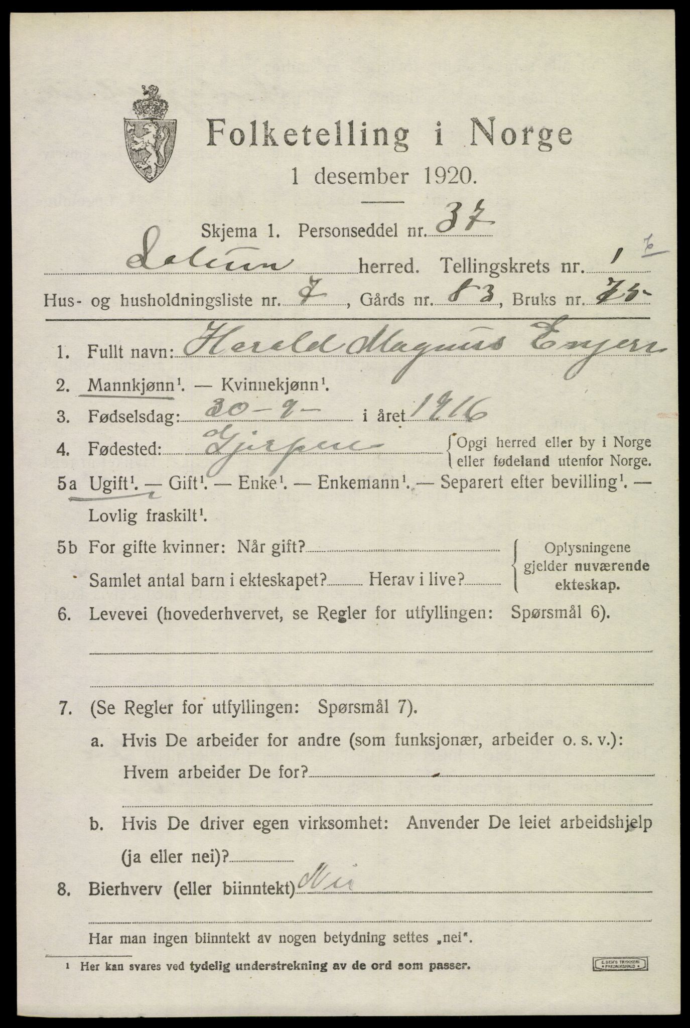 SAKO, 1920 census for Solum, 1920, p. 4202