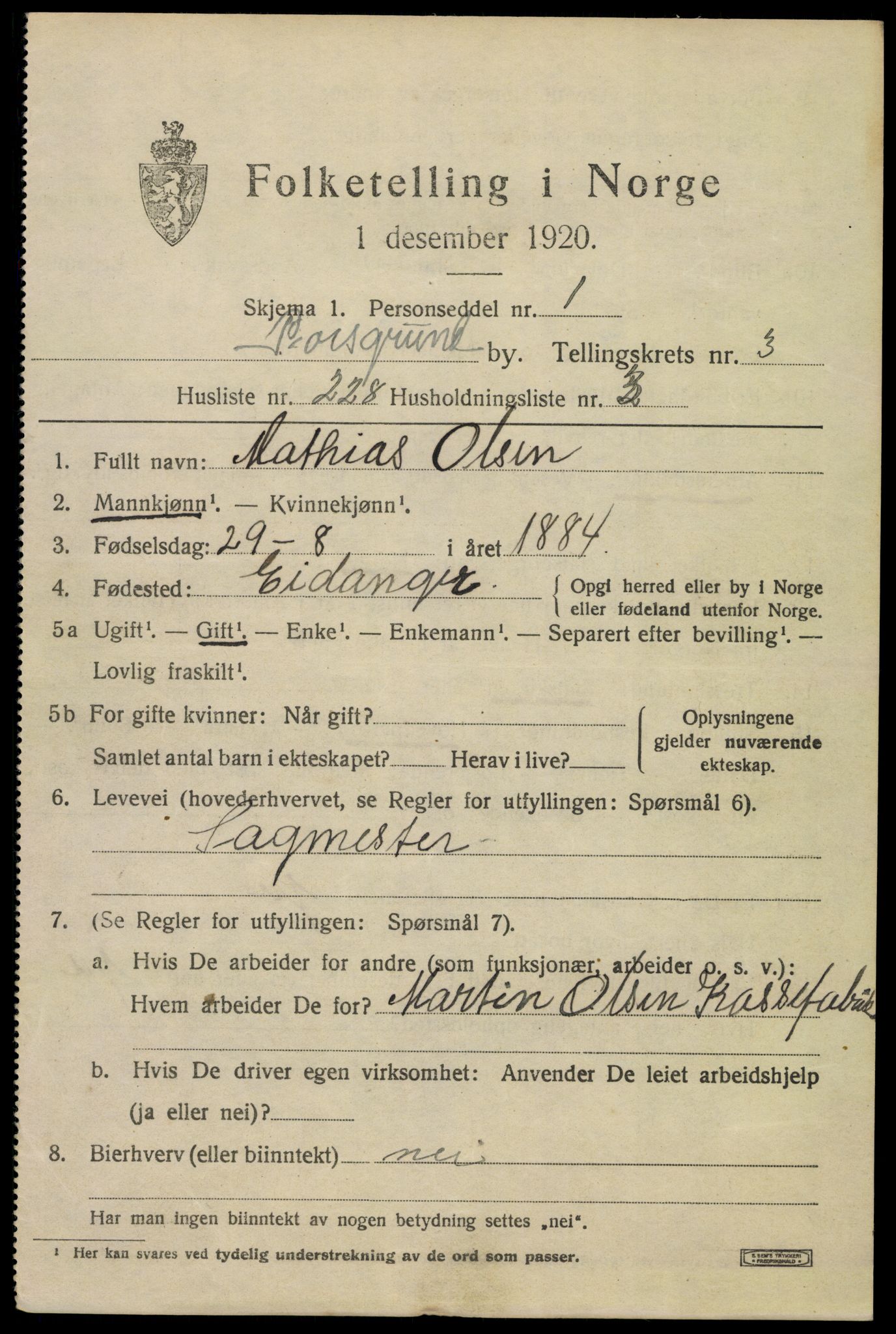 SAKO, 1920 census for Porsgrunn, 1920, p. 17311
