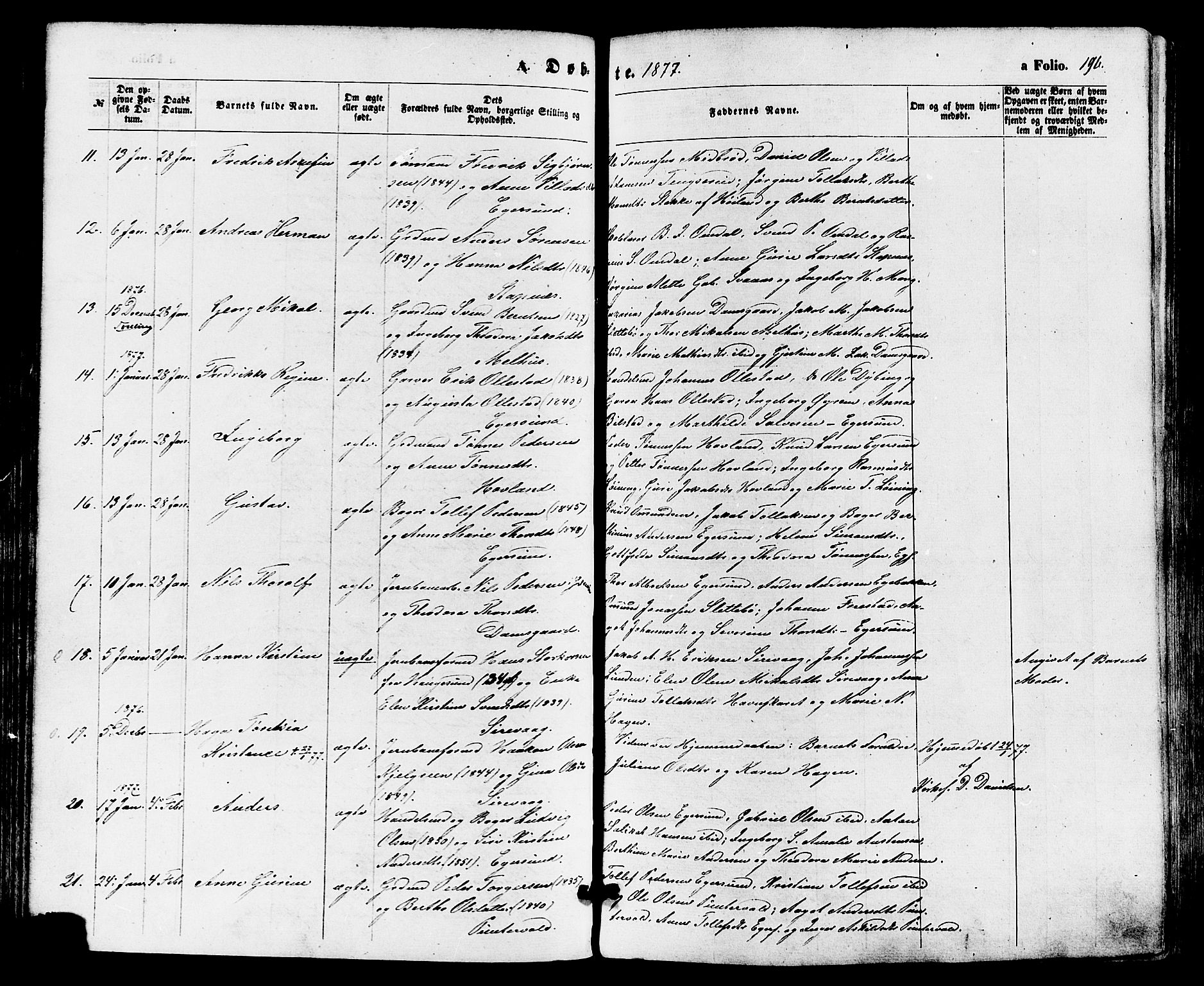 Eigersund sokneprestkontor, AV/SAST-A-101807/S08/L0014: Parish register (official) no. A 13, 1866-1878, p. 196