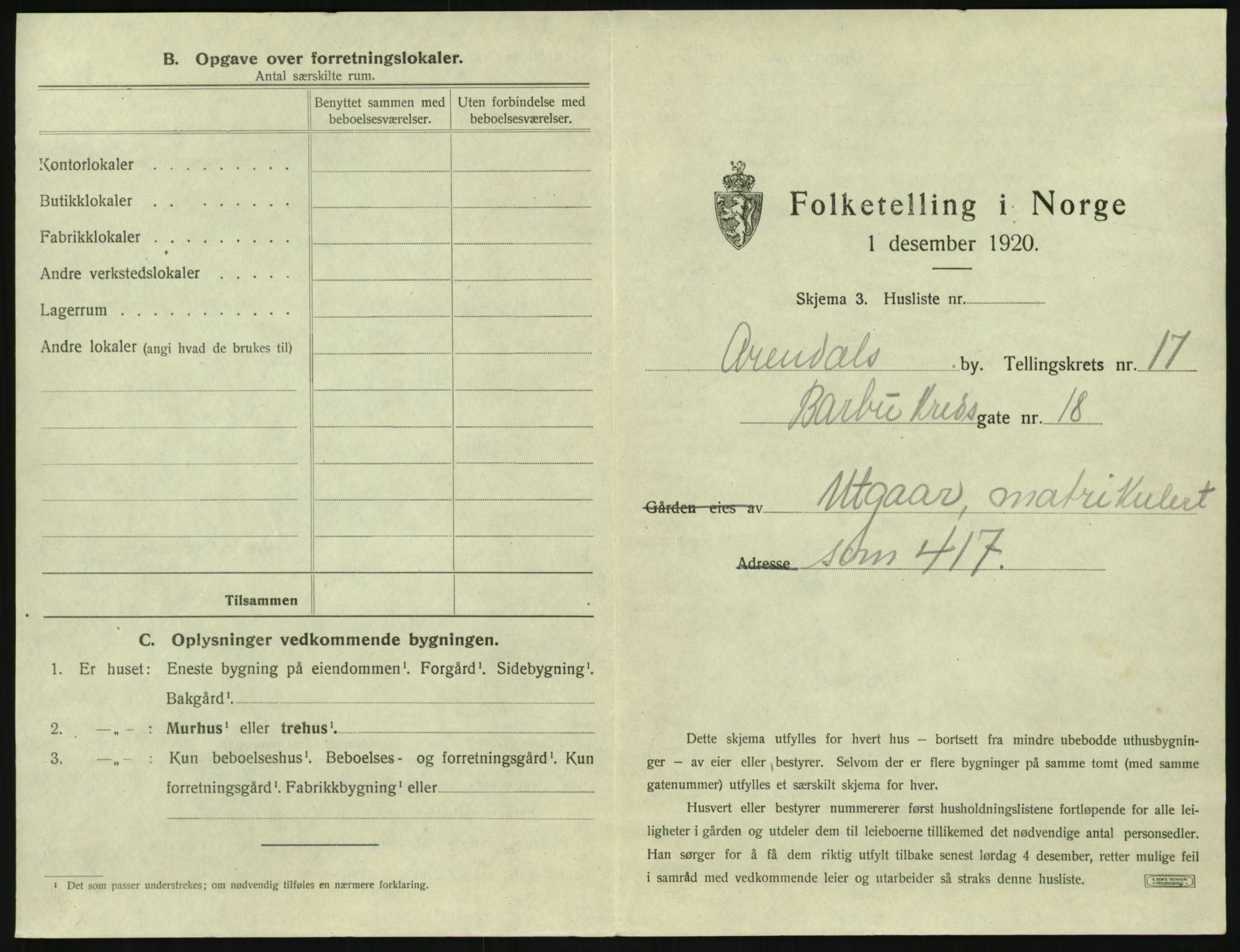 SAK, 1920 census for Arendal, 1920, p. 2738