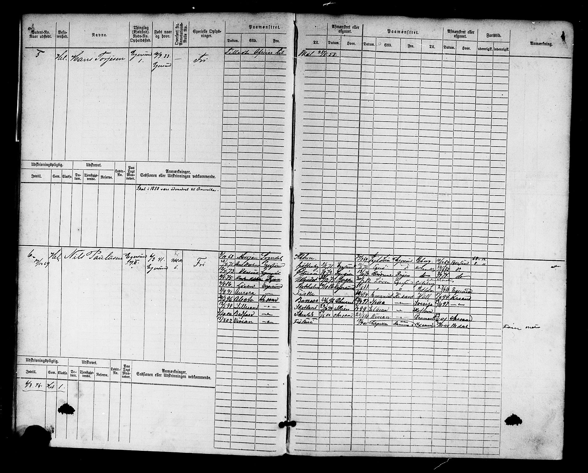 Egersund mønstringskrets, AV/SAK-2031-0019/F/Fb/L0001: Hovedrulle nr 1-666, O-3, 1868-1920, p. 5