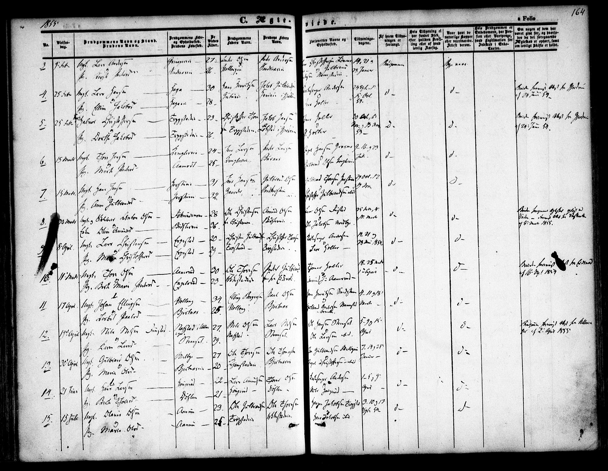 Nannestad prestekontor Kirkebøker, SAO/A-10414a/F/Fa/L0011: Parish register (official) no. I 11, 1850-1859, p. 164