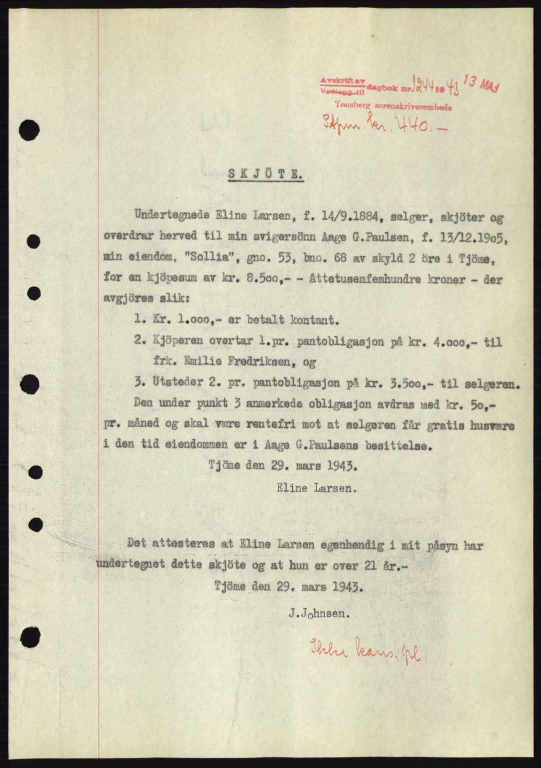 Tønsberg sorenskriveri, AV/SAKO-A-130/G/Ga/Gaa/L0013: Mortgage book no. A13, 1943-1943, Diary no: : 1244/1943