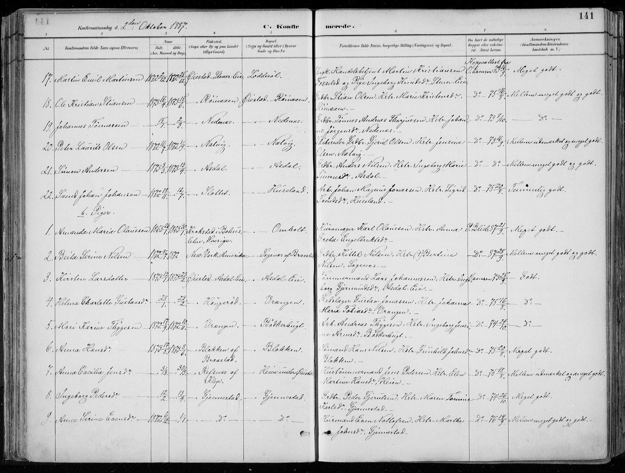 Øyestad sokneprestkontor, AV/SAK-1111-0049/F/Fa/L0017: Parish register (official) no. A 17, 1887-1896, p. 141