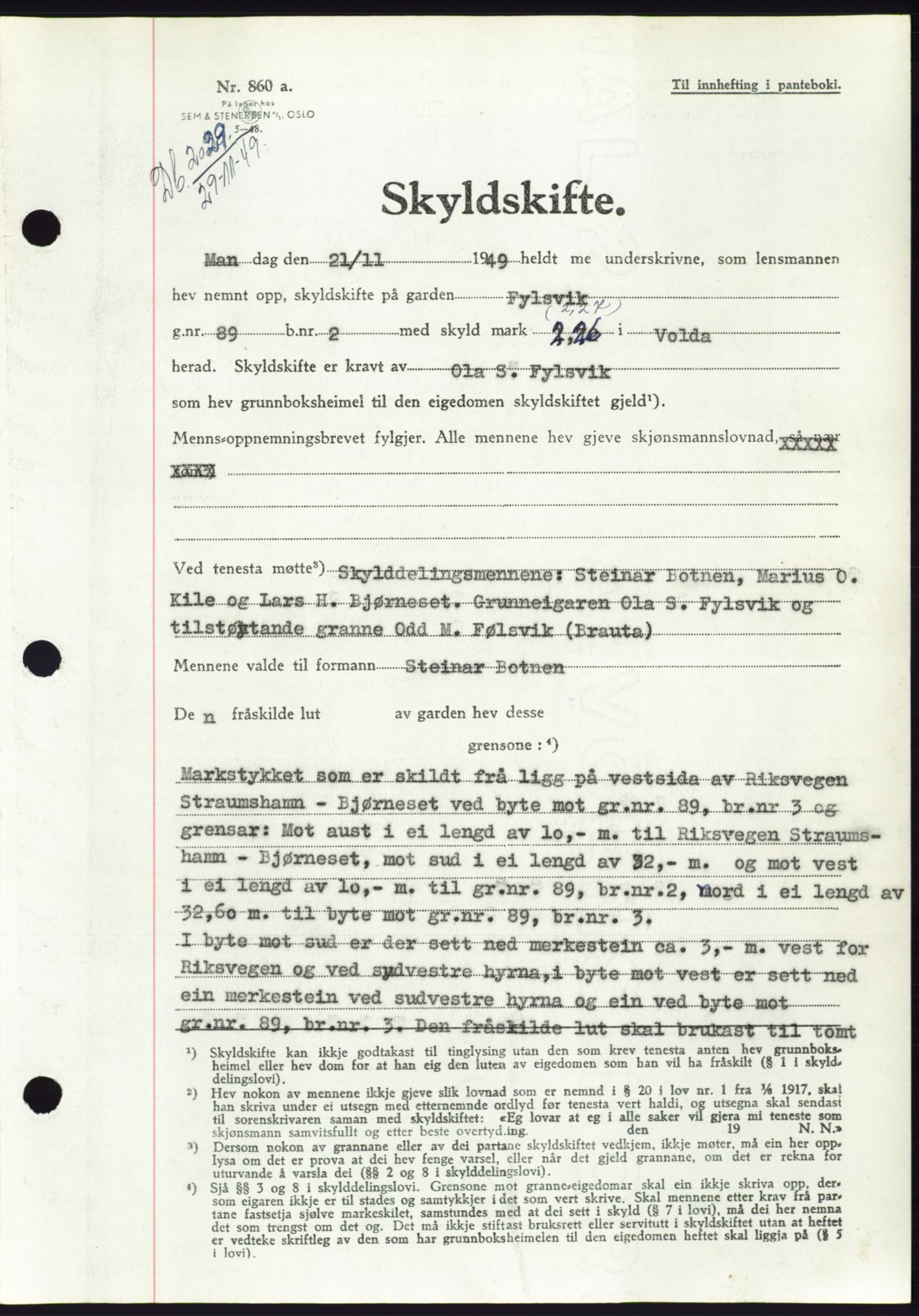 Søre Sunnmøre sorenskriveri, AV/SAT-A-4122/1/2/2C/L0085: Mortgage book no. 11A, 1949-1949, Diary no: : 2029/1949