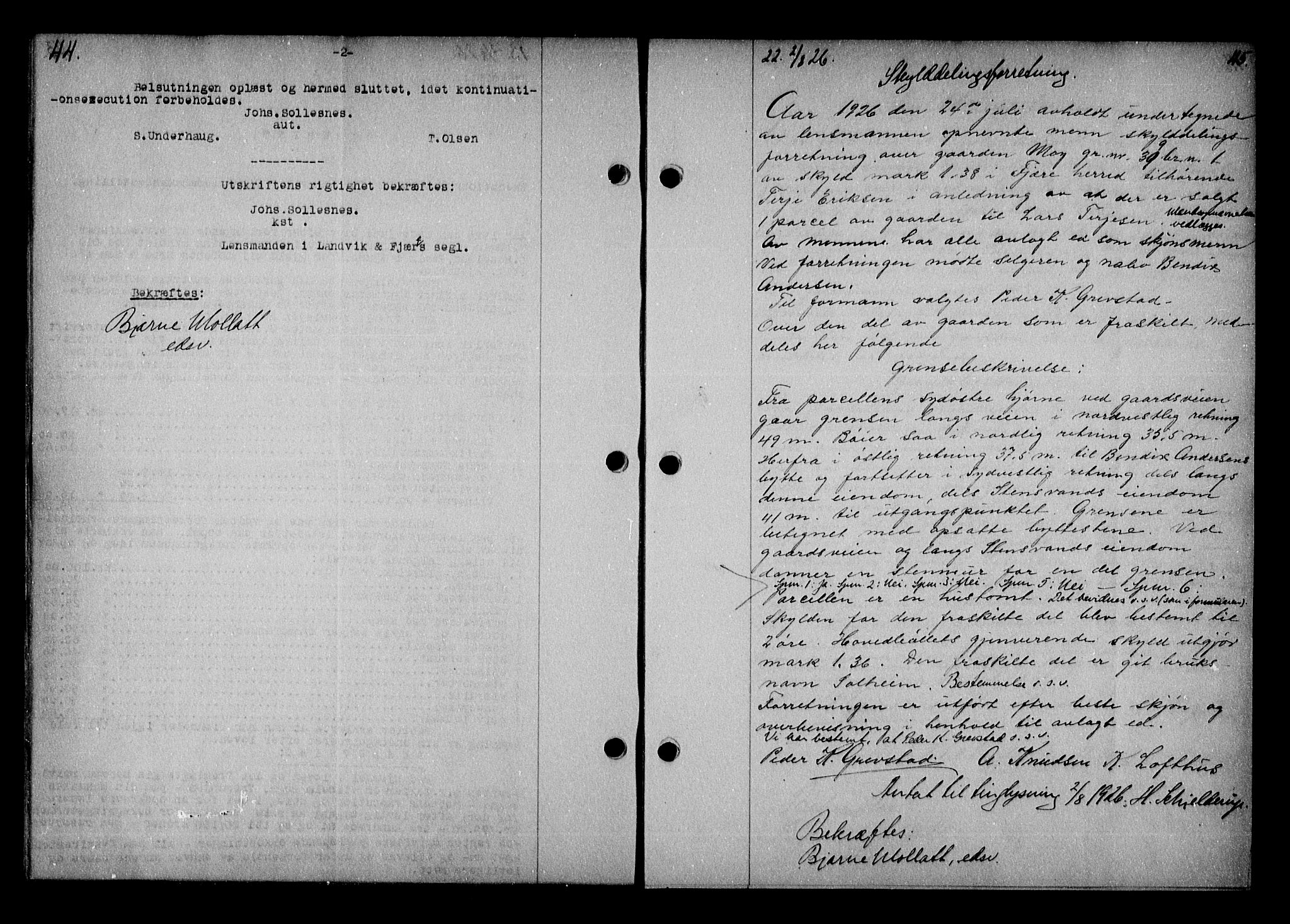 Vestre Nedenes/Sand sorenskriveri, AV/SAK-1221-0010/G/Gb/Gba/L0036: Mortgage book no. 62, 1926-1928, p. 44-45