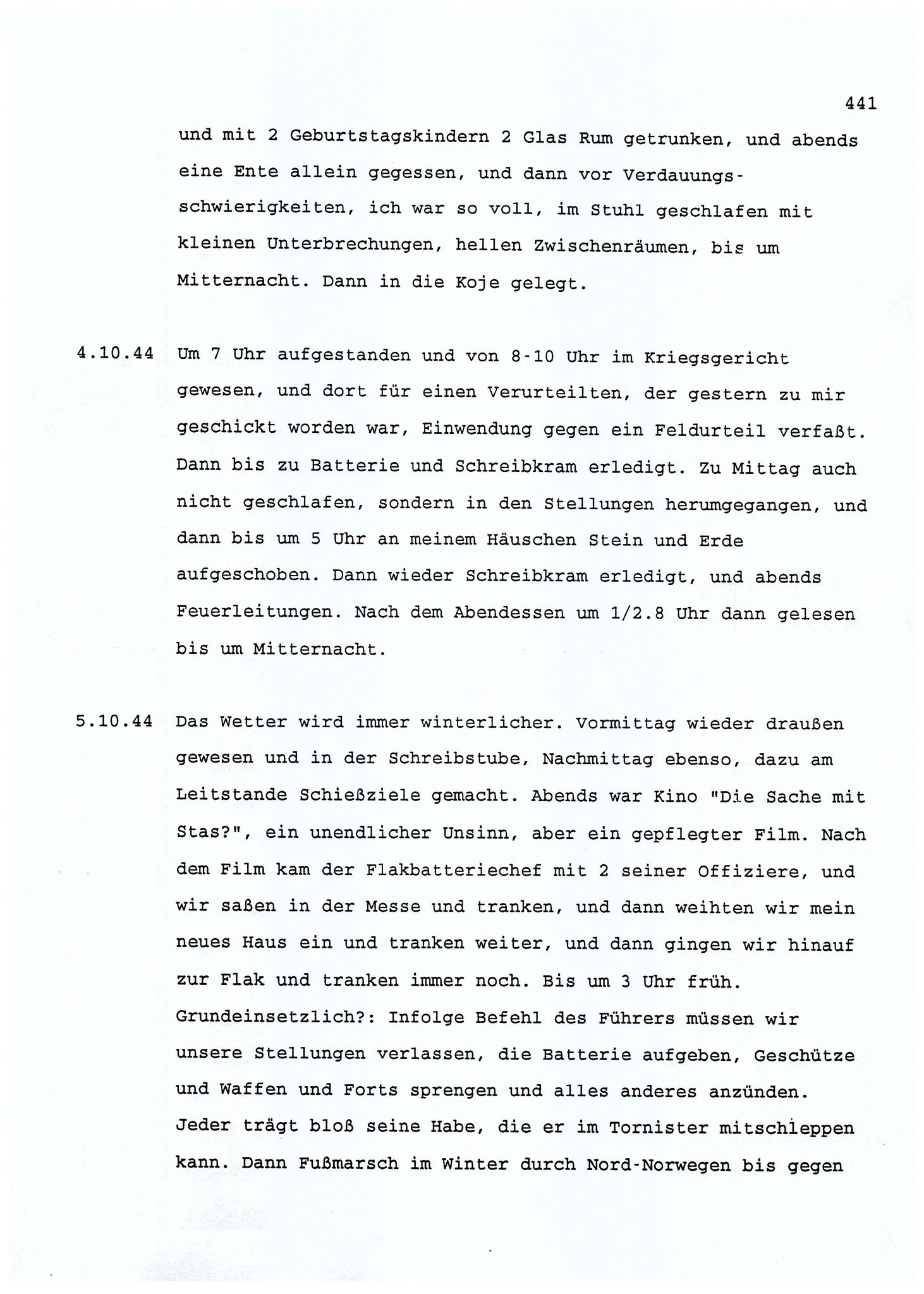 Dagbokopptegnelser av en tysk marineoffiser stasjonert i Norge , FMFB/A-1160/F/L0001: Dagbokopptegnelser av en tysk marineoffiser stasjonert i Norge, 1941-1944, p. 441
