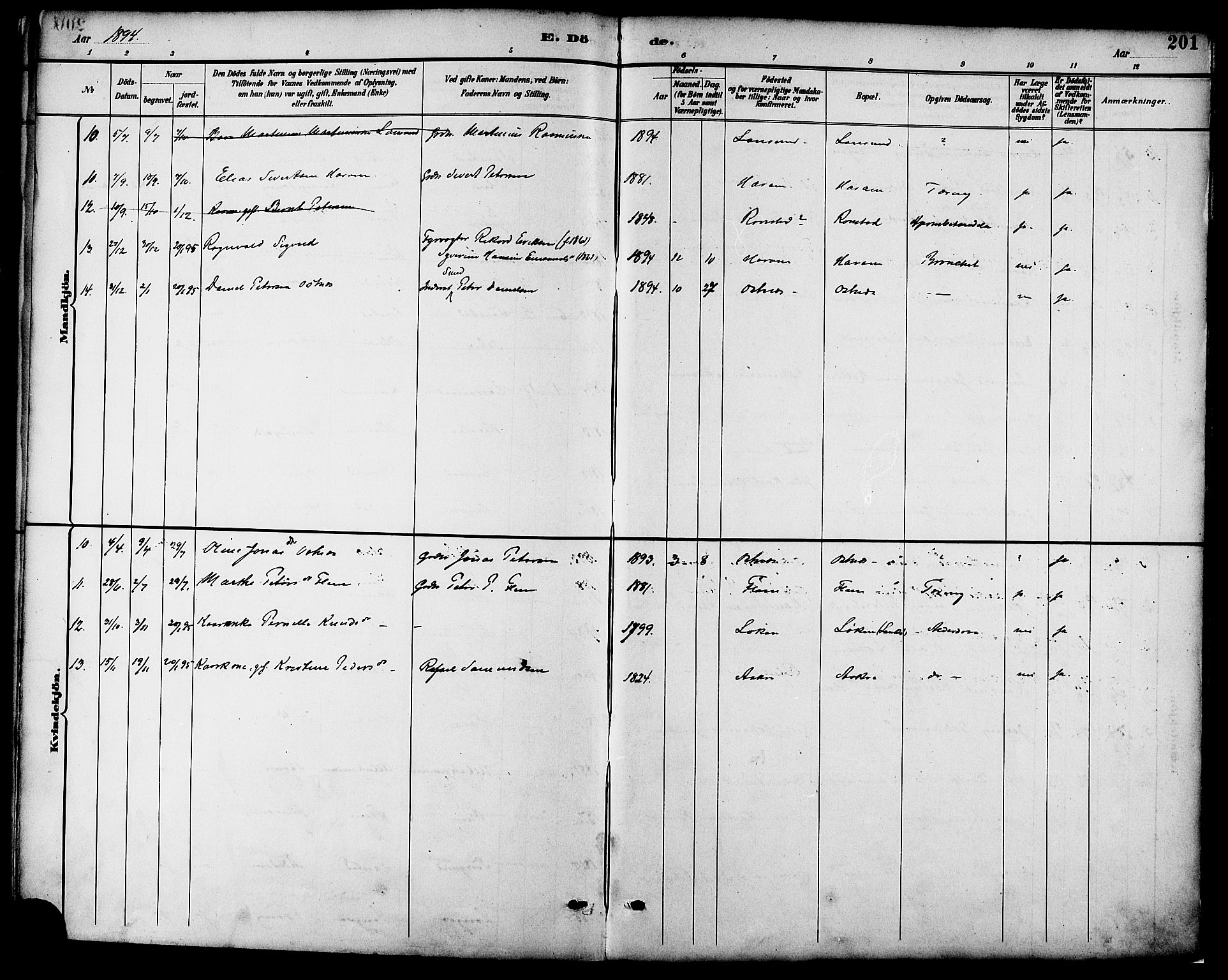 Ministerialprotokoller, klokkerbøker og fødselsregistre - Møre og Romsdal, AV/SAT-A-1454/536/L0501: Parish register (official) no. 536A10, 1884-1896, p. 201