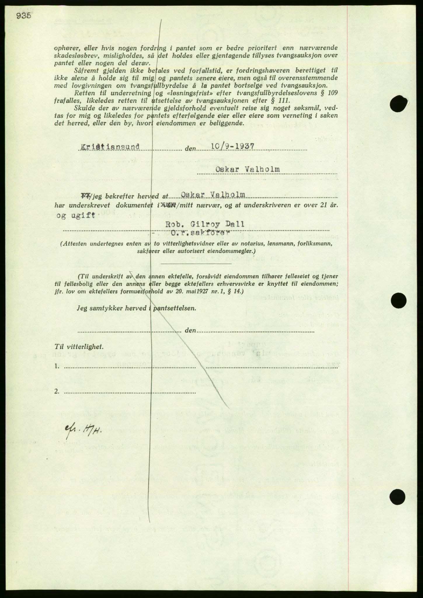 Nordmøre sorenskriveri, AV/SAT-A-4132/1/2/2Ca/L0091: Mortgage book no. B81, 1937-1937, Diary no: : 2241/1937