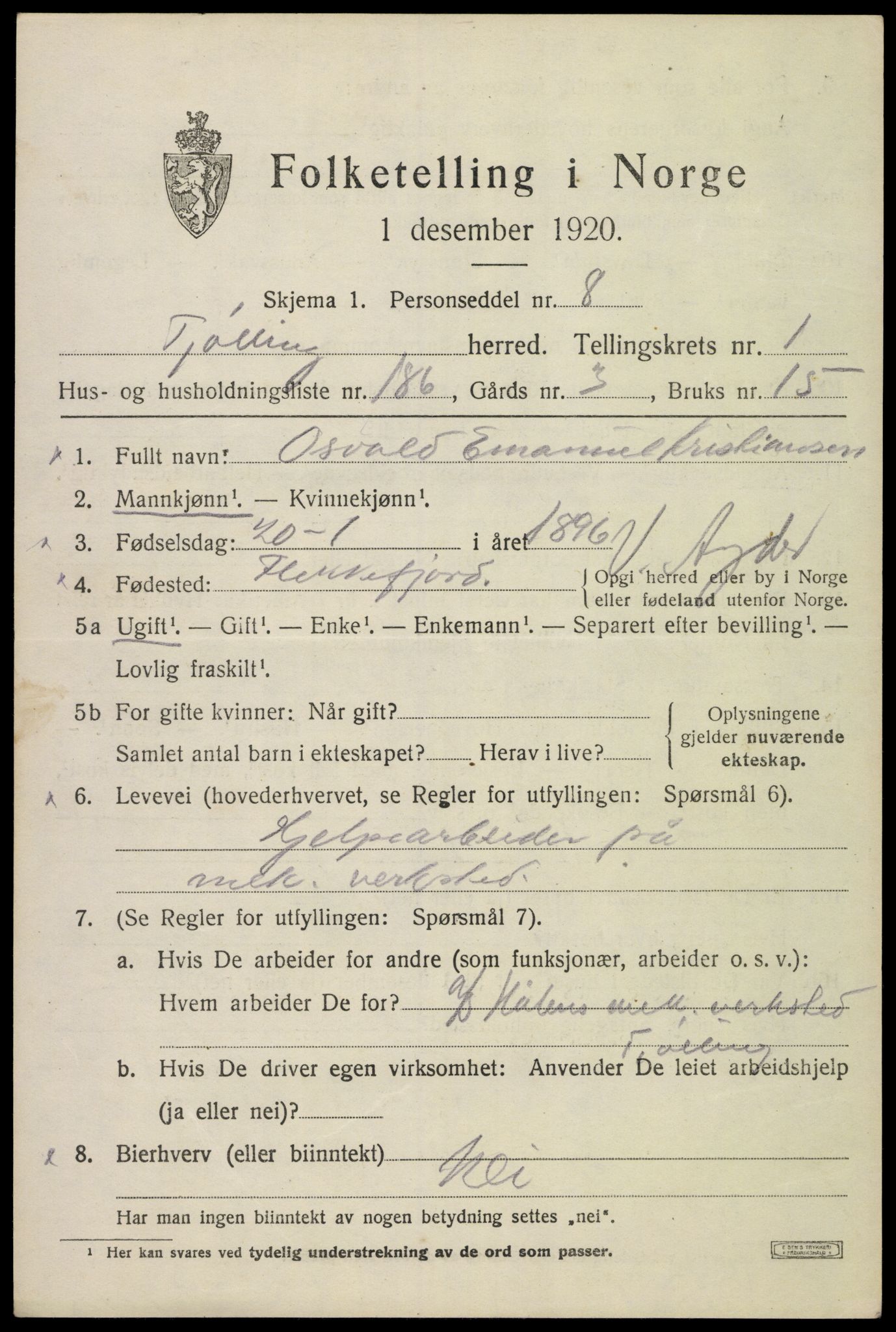 SAKO, 1920 census for Tjølling, 1920, p. 3693