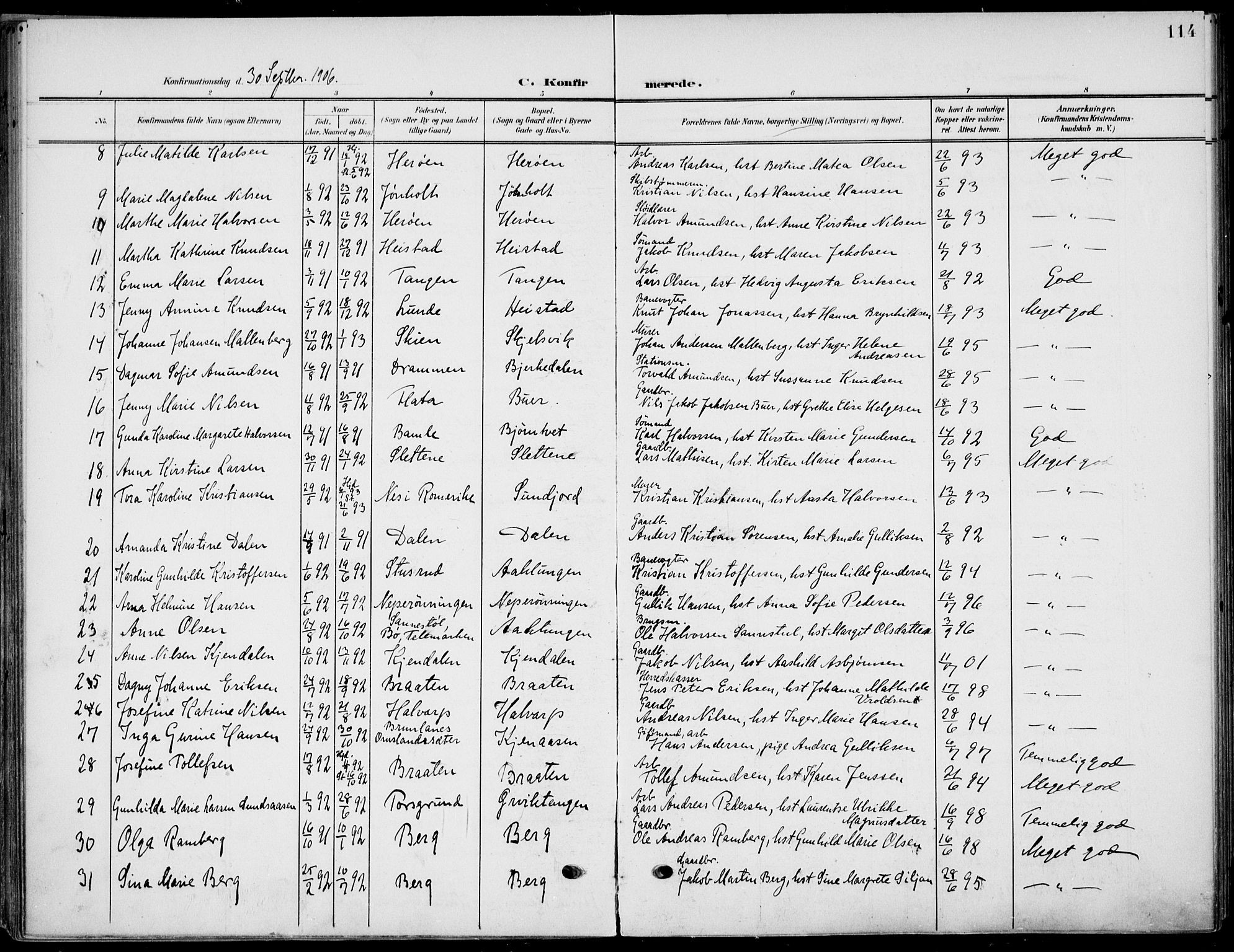 Eidanger kirkebøker, SAKO/A-261/F/Fa/L0013: Parish register (official) no. 13, 1900-1913, p. 114