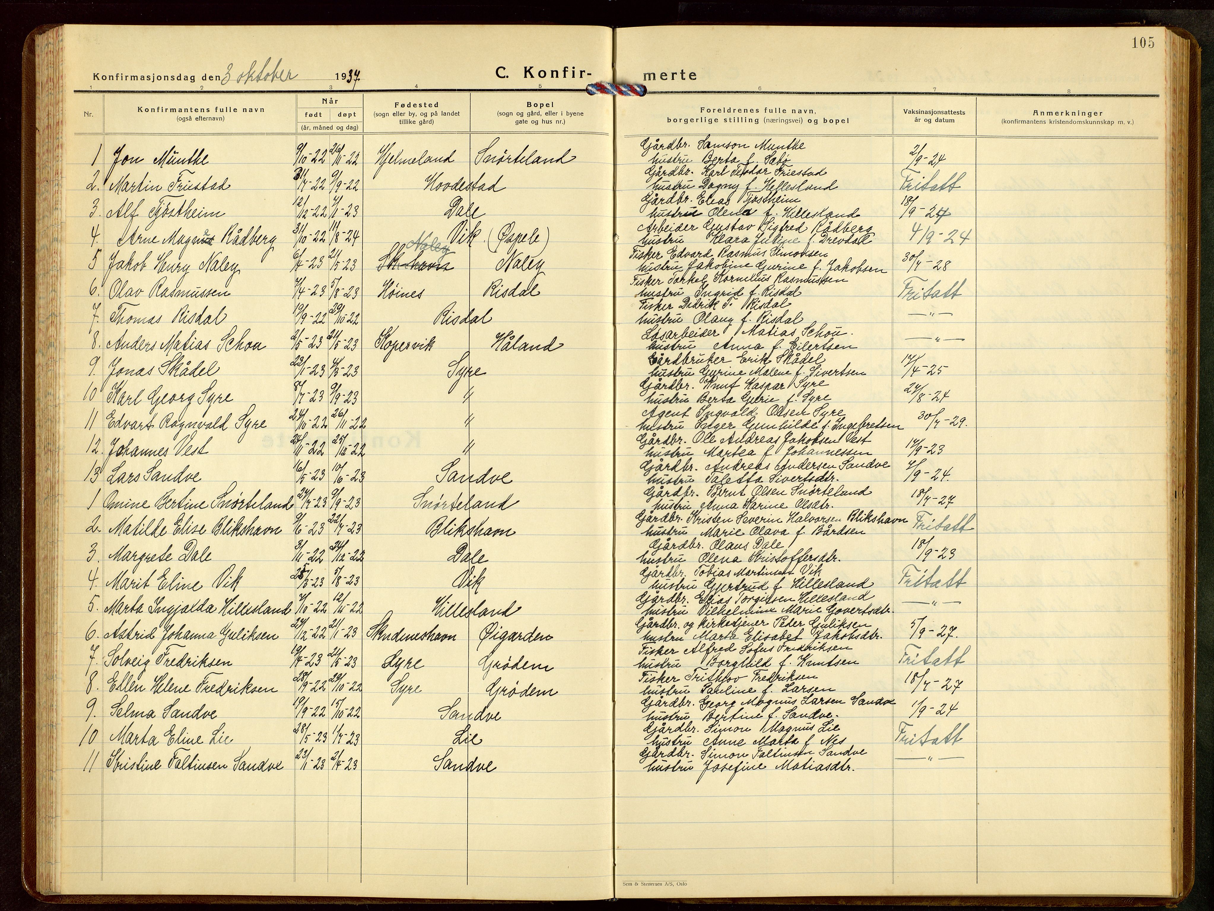 Skudenes sokneprestkontor, AV/SAST-A -101849/H/Ha/Hab/L0013: Parish register (copy) no. B 13, 1937-1954, p. 105