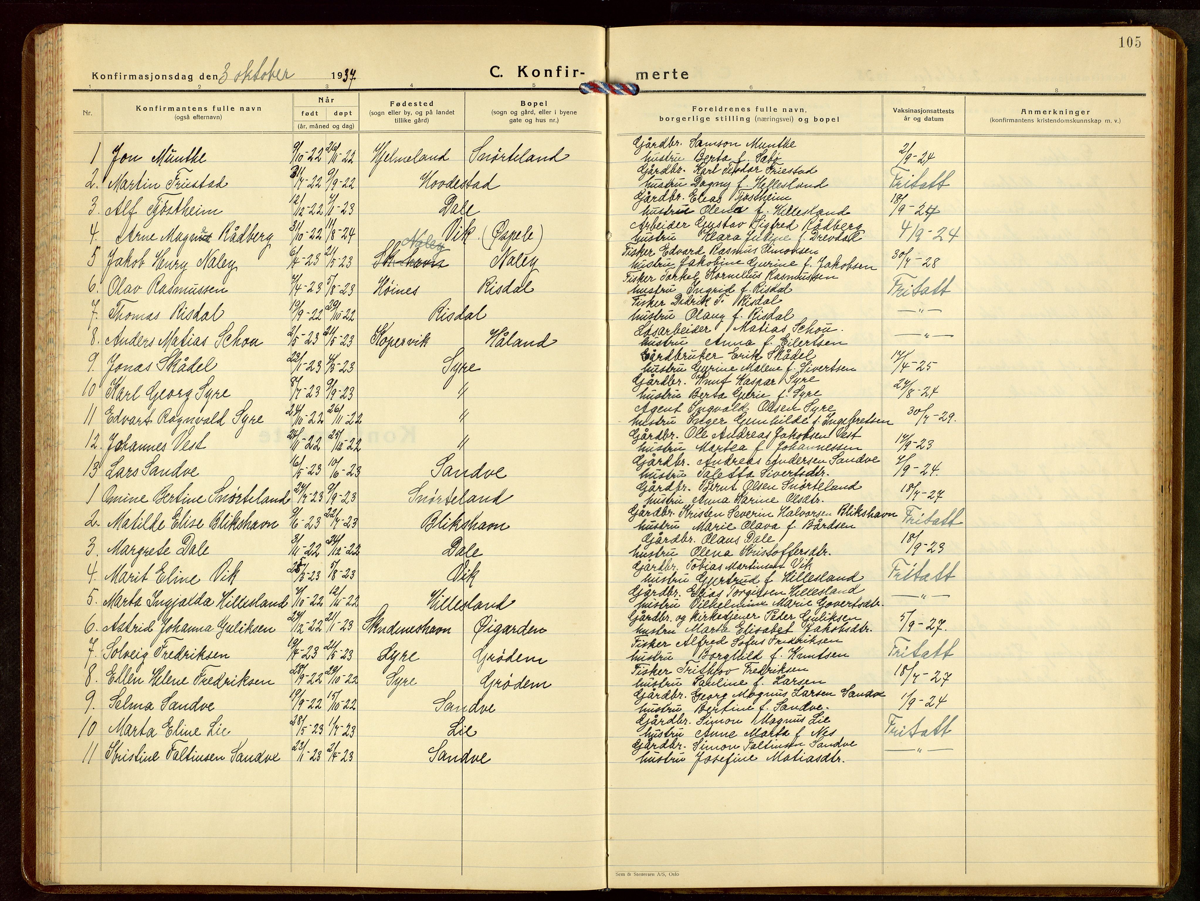 Skudenes sokneprestkontor, SAST/A -101849/H/Ha/Hab/L0013: Parish register (copy) no. B 13, 1937-1954, p. 105