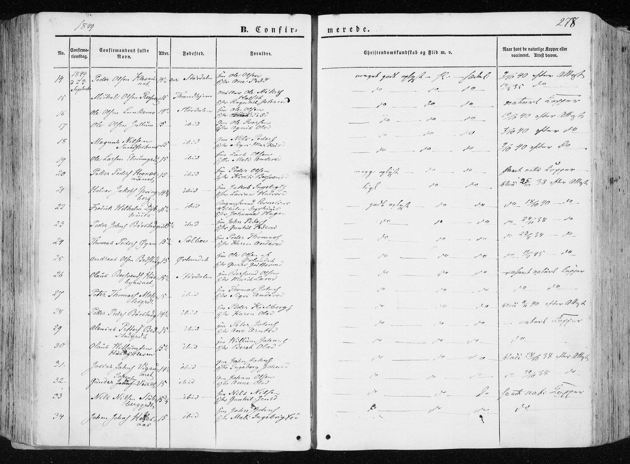 Ministerialprotokoller, klokkerbøker og fødselsregistre - Nord-Trøndelag, AV/SAT-A-1458/709/L0074: Parish register (official) no. 709A14, 1845-1858, p. 278