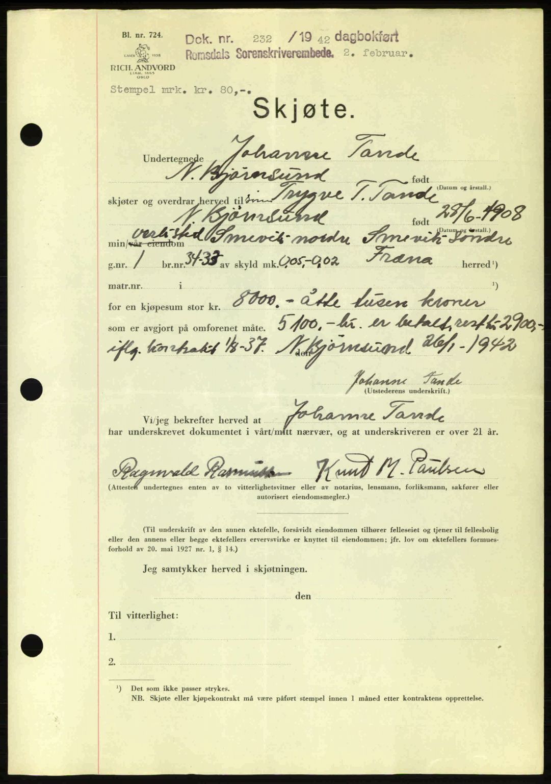 Romsdal sorenskriveri, AV/SAT-A-4149/1/2/2C: Mortgage book no. A11, 1941-1942, Diary no: : 232/1942