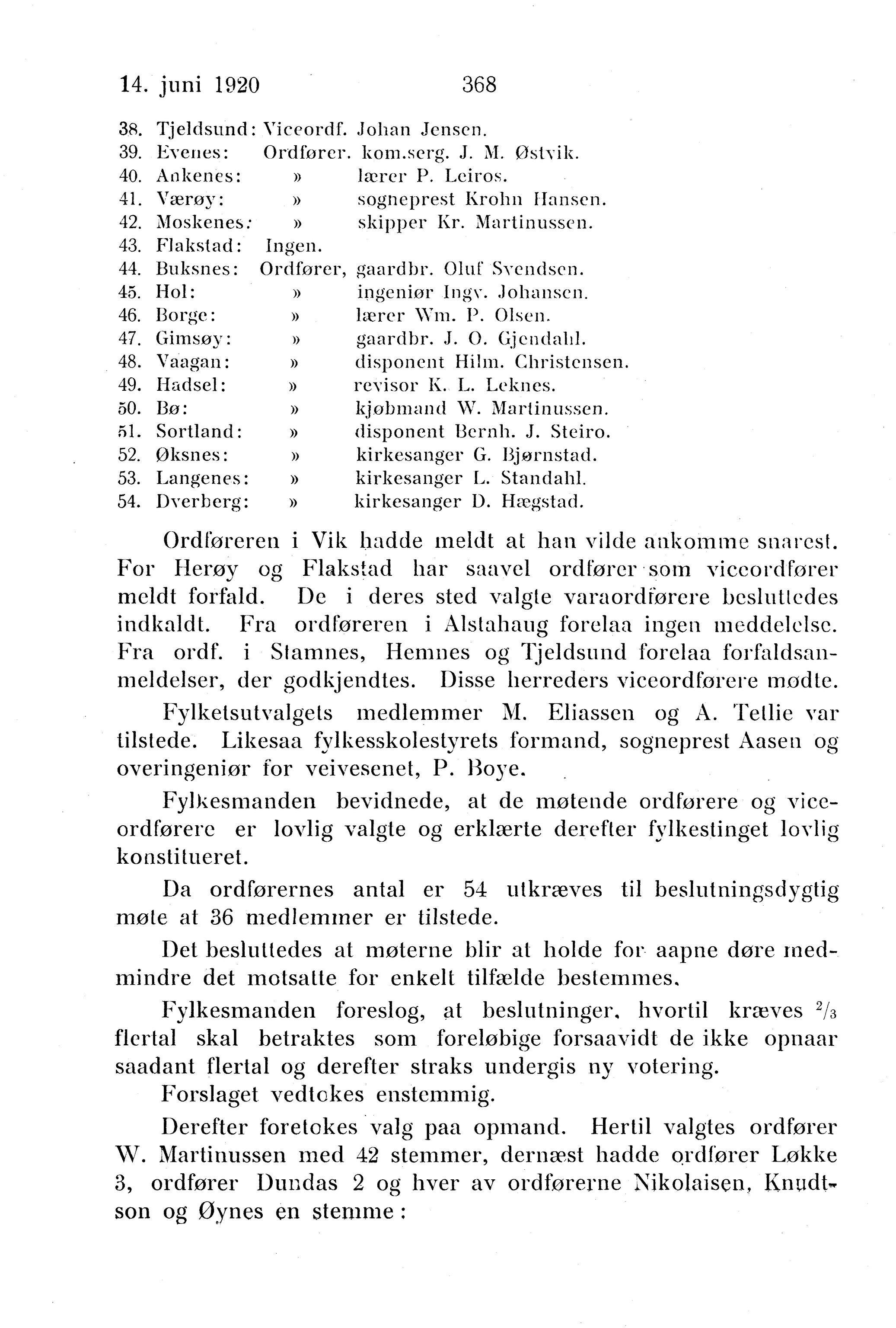 Nordland Fylkeskommune. Fylkestinget, AIN/NFK-17/176/A/Ac/L0043: Fylkestingsforhandlinger 1920, 1920