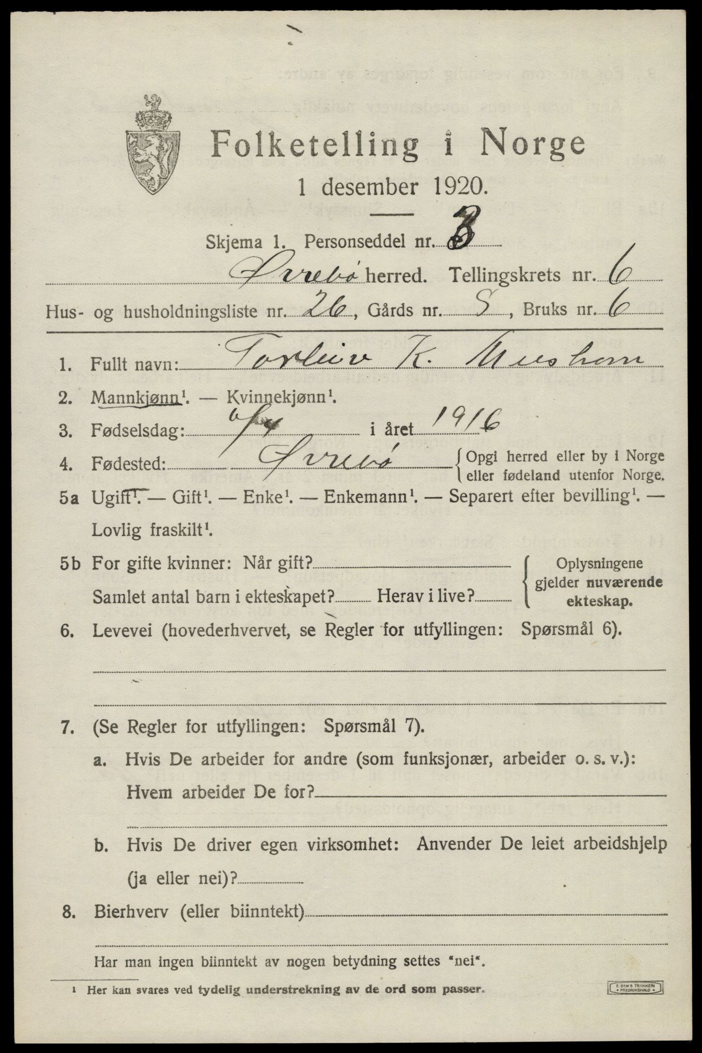 SAK, 1920 census for Øvrebø, 1920, p. 1452