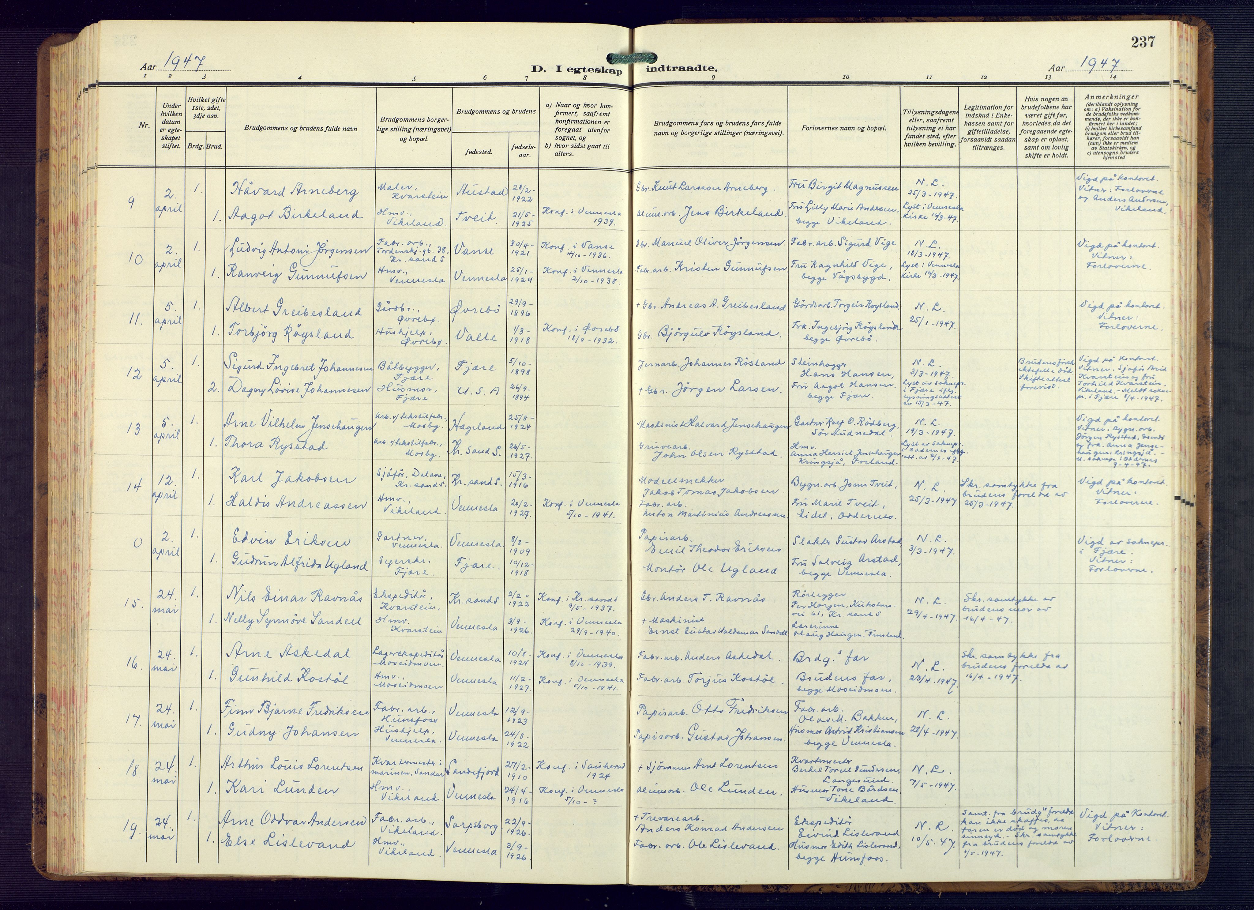 Vennesla sokneprestkontor, AV/SAK-1111-0045/Fb/Fbb/L0008: Parish register (copy) no. B 8, 1934-1947, p. 237