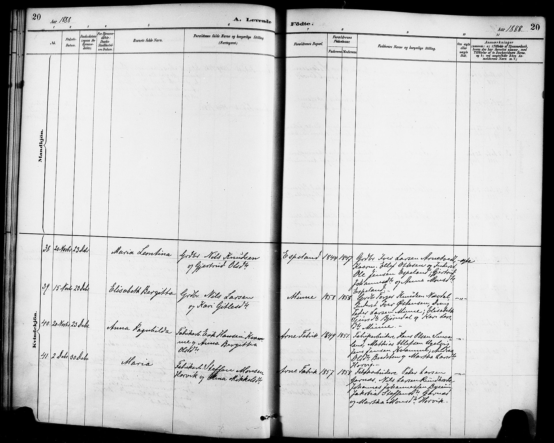 Haus sokneprestembete, AV/SAB-A-75601/H/Haa/Haad/L0001: Parish register (official) no. D 1, 1887-1898, p. 20