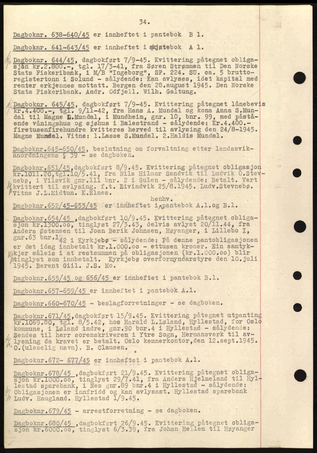 Ytre Sogn tingrett, SAB/A-2601/1/G/Gbc/L0001: Mortgage book no. B1, 1945-1945, Diary no: : 638/1945