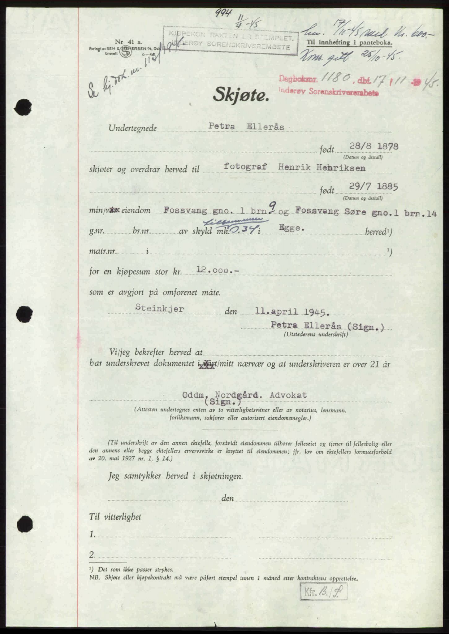 Inderøy sorenskriveri, AV/SAT-A-4147/1/2/2C: Mortgage book no. A 12, 1944-1945, p. 994, Diary no: : 1180/1945