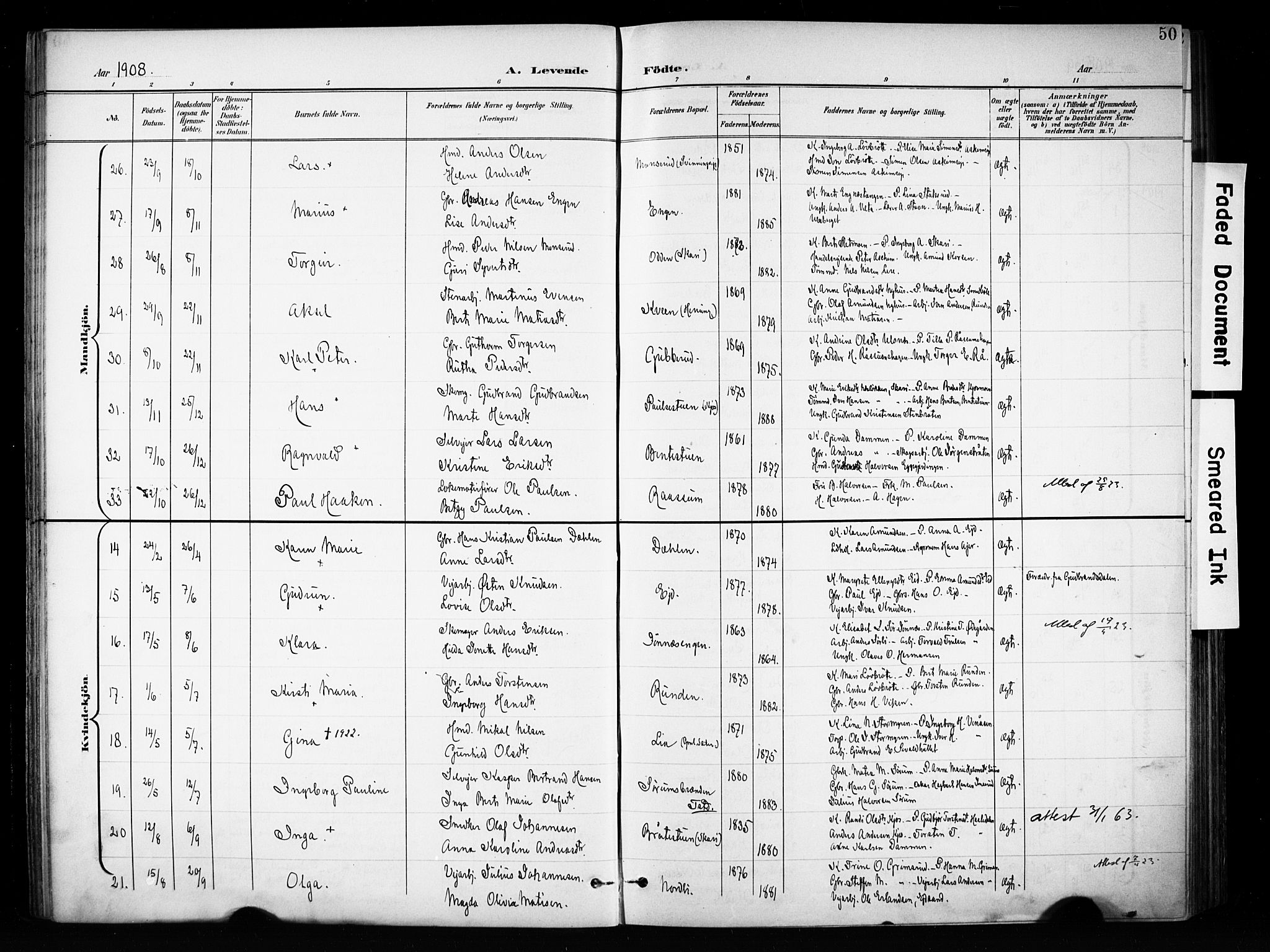 Brandbu prestekontor, AV/SAH-PREST-114/H/Ha/Haa/L0001: Parish register (official) no. 1, 1900-1912, p. 50