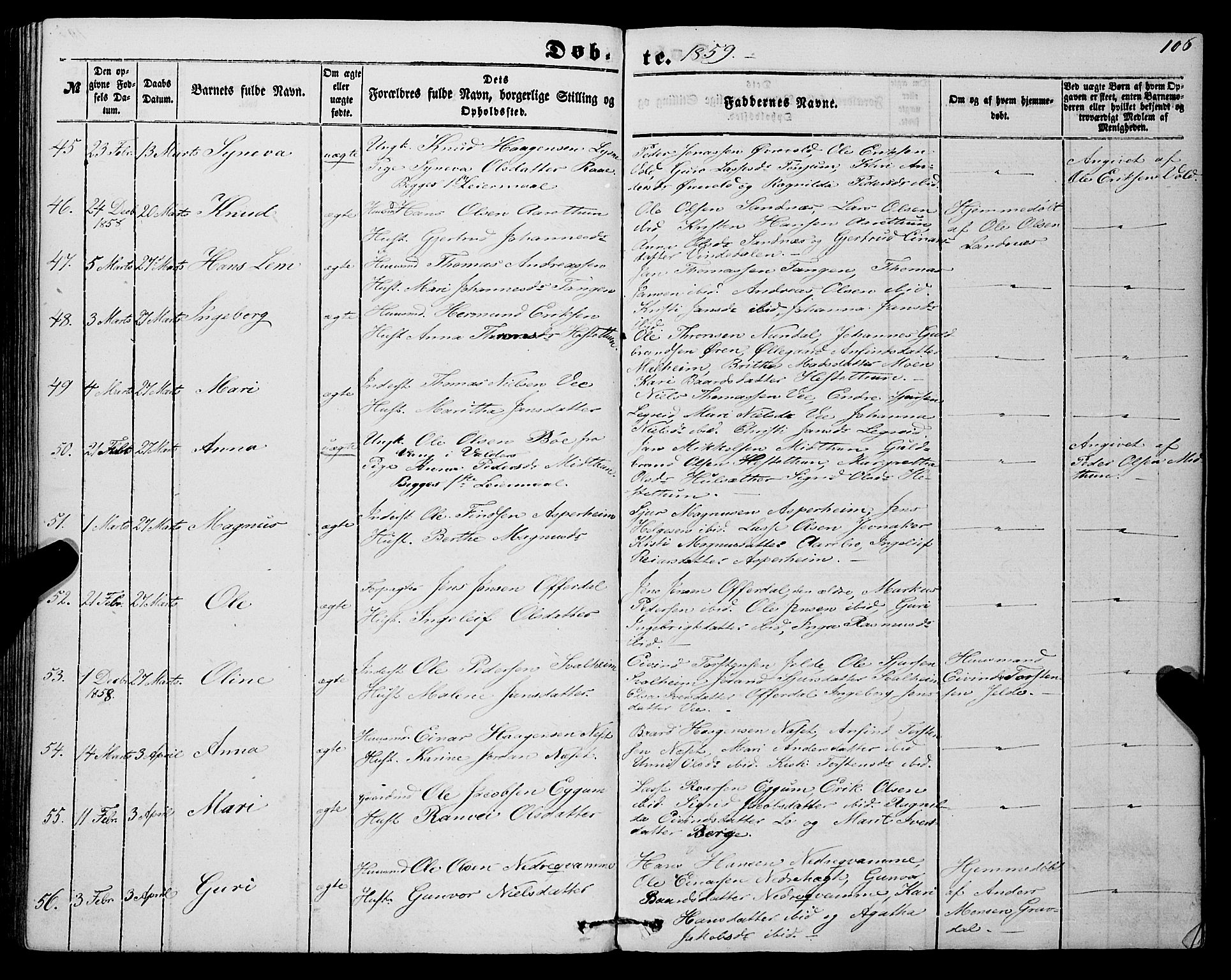 Lærdal sokneprestembete, SAB/A-81201: Parish register (official) no. A 11, 1850-1866, p. 106