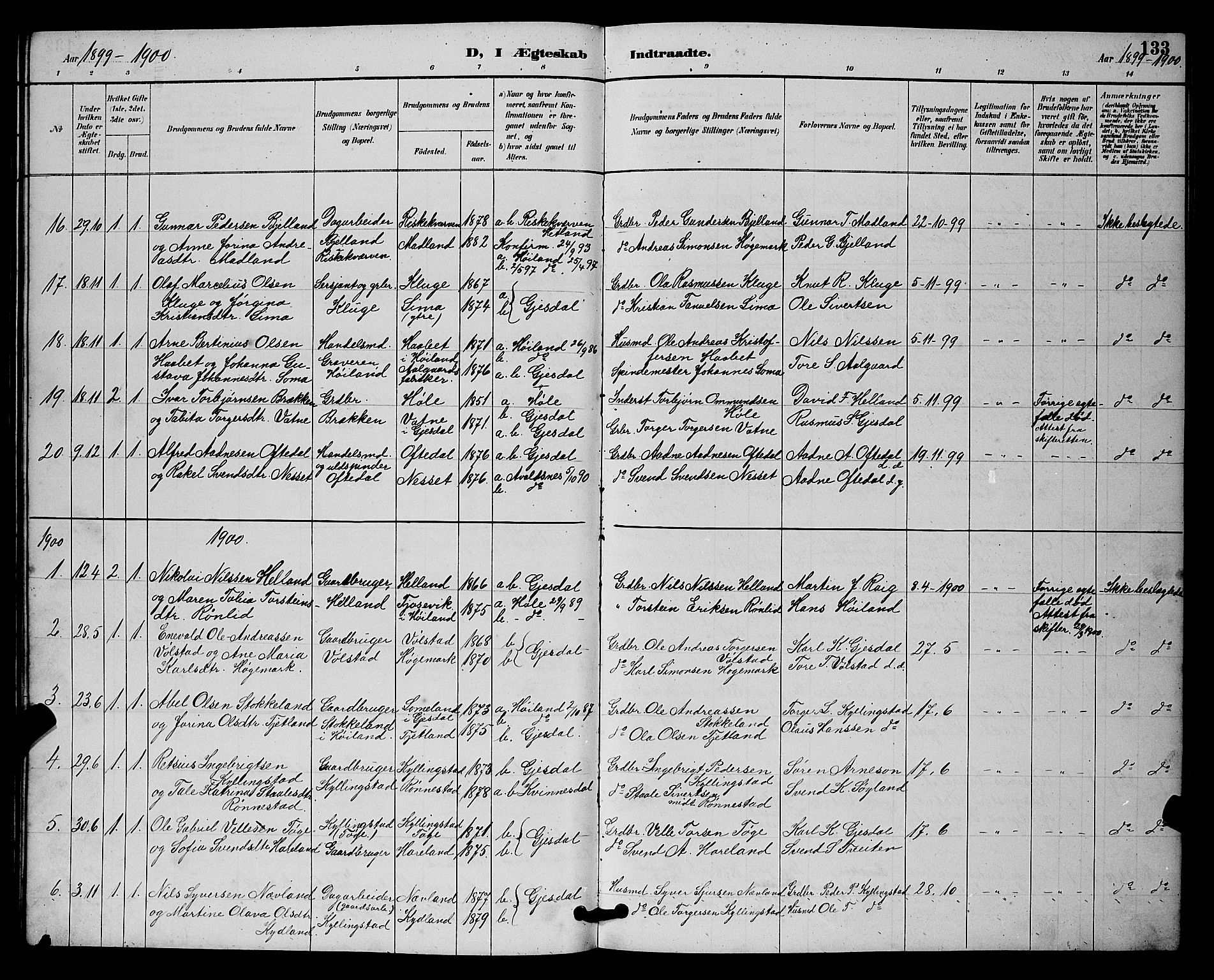 Lye sokneprestkontor, SAST/A-101794/001/30BB/L0008: Parish register (copy) no. B 7, 1887-1901, p. 133