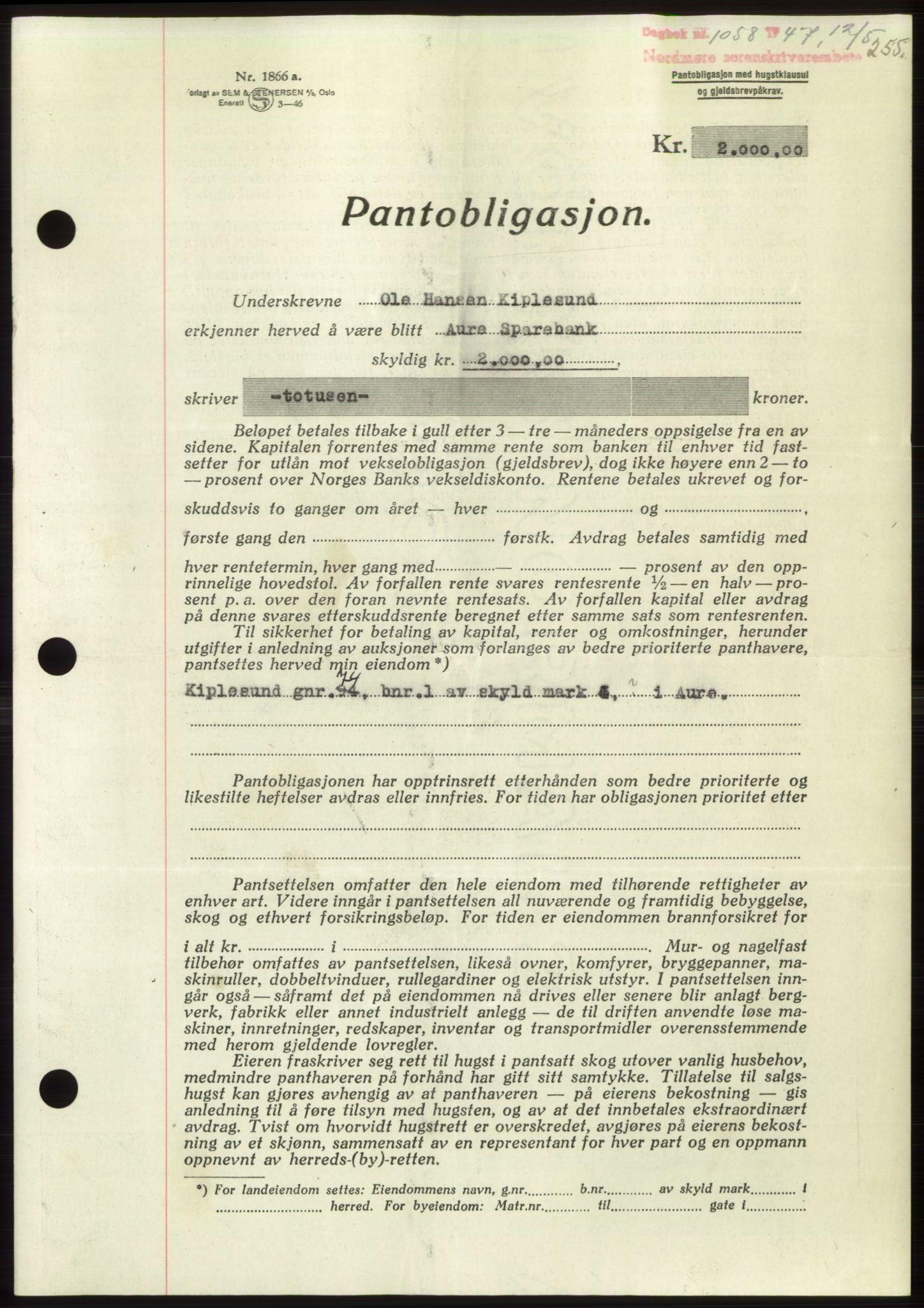 Nordmøre sorenskriveri, AV/SAT-A-4132/1/2/2Ca: Mortgage book no. B96, 1947-1947, Diary no: : 1058/1947