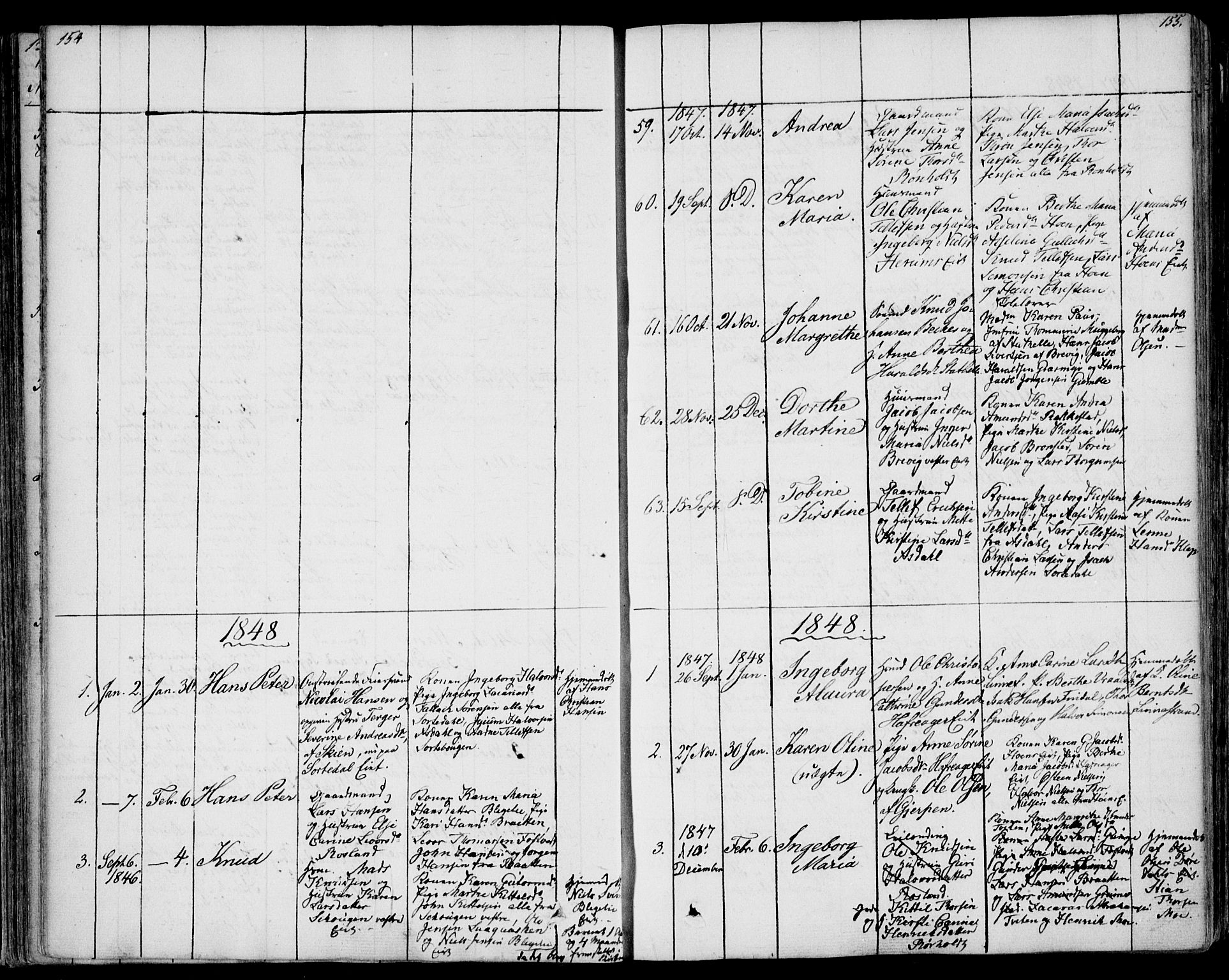 Bamble kirkebøker, SAKO/A-253/F/Fa/L0004: Parish register (official) no. I 4, 1834-1853, p. 154-155