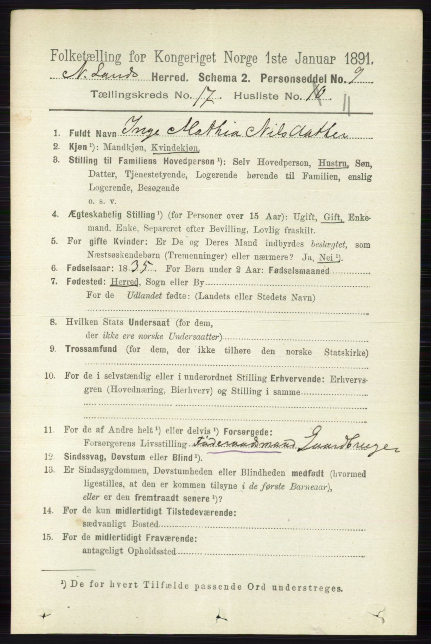 RA, 1891 census for 0538 Nordre Land, 1891, p. 4348